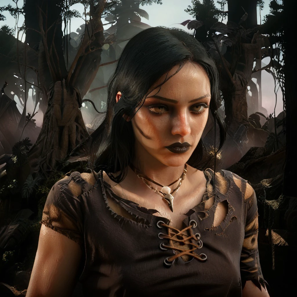 female focus, solo focus, solo, score_9, score_8_up, score_7_up, 1girl, Poe2WitchV0.1, black lips, black lipstick, makeup, black hair, long hair jewelry, necklace, torn clothes,