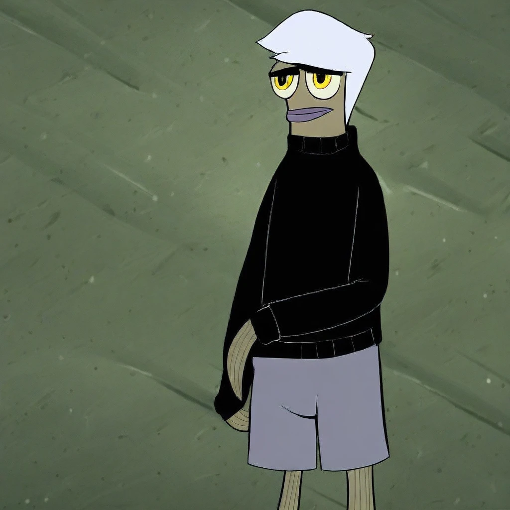 mikus-style. black sweater, gray shorts, white hair, yellow eyes