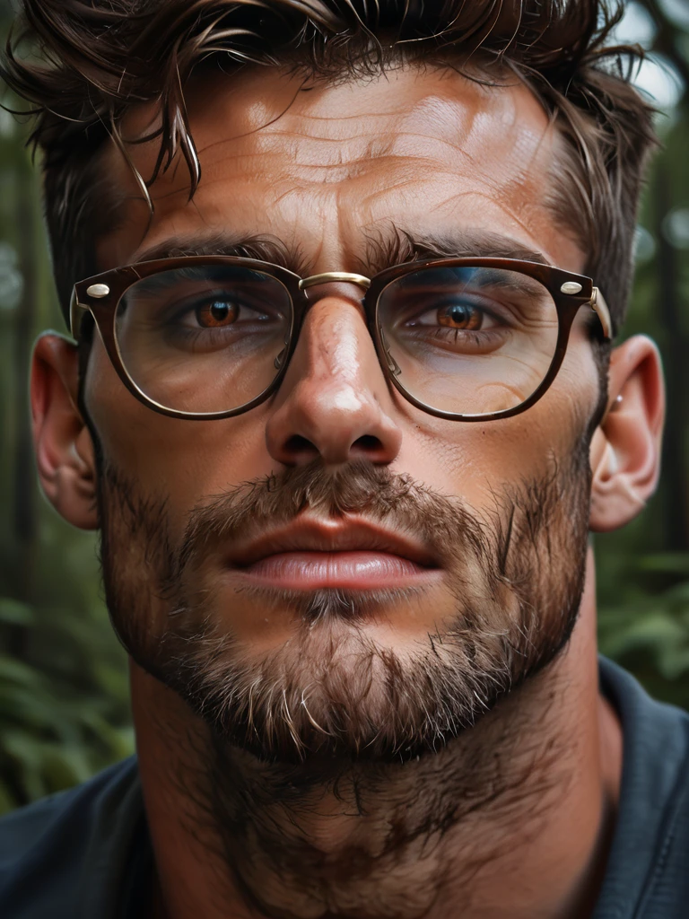 score_9, score_8_up, score_7_up, score_6_up, score_5_up, score_4_up, Tanju has brown eyes.close up, brown eyes, glasses, body hair, fade, dramatic, best quality, color scheme blue, forest <lora:TrSerkan-Tanju-Pony-v1:0.8>