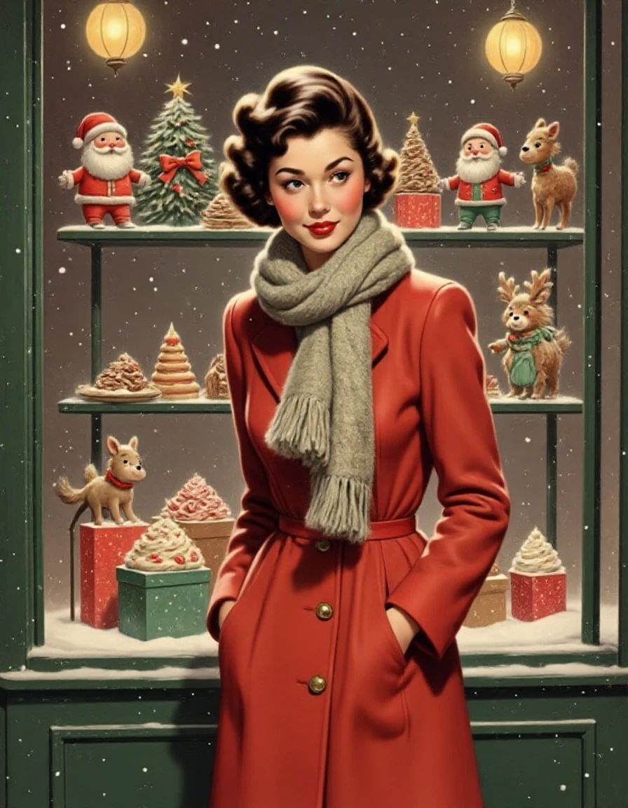 Vintage-Xmas, classicvintage,christmas vibes,A young asian woman stands in front of an old-fashioned shop window filled with holiday treats,her scarf blowing in the wind as snowflakes settle on her coat., <lora:Vintage-Xmas:0.75>