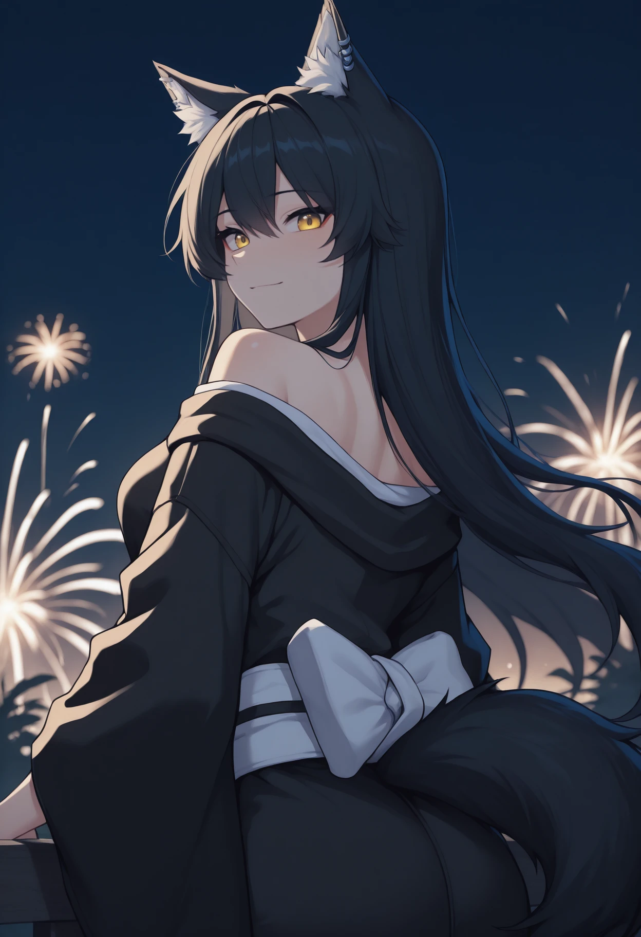 anime, masterpiece, best quality, <break> from behind, solo, 1girl, txswgbrkr, wolf tail, slight smile, looking back, long hair, black hair, hair between eyes, animal ears, animal ear fluff, animal ear piercing, yellow eyes, japanese clothes, black kimono, off shoulder, white sash, bare shoulders, outdoors, night, fireworks
<segment:yolo-Anzhc Face seg 640 v2 y8n.pt,0.4,0.5//cid=1>