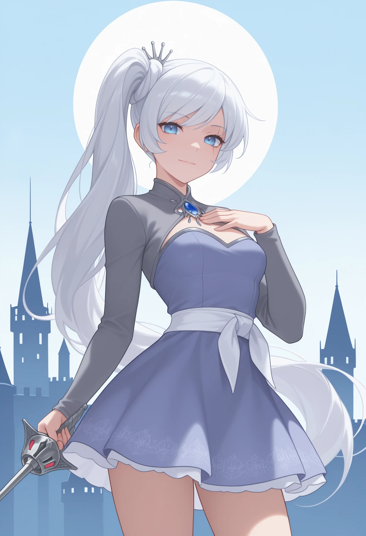 masterpiece, best quality, <break> cowboy shot, solo, 1girl, wsmistral, scar across eye, slight smile, looking at viewer, standing, hand on own chest, holding weapon, rapier, left-handed, long hair, white hair, side ponytail, tiara, blue eyes, shrug \(clothing\), grey shirt, brooch, blue gemstone, long sleeves, short dress, blue dress, white sash, blue background, scenery, castle
<segment:yolo-Anzhc Face seg 640 v2 y8n.pt,0.4,0.5//cid=1>