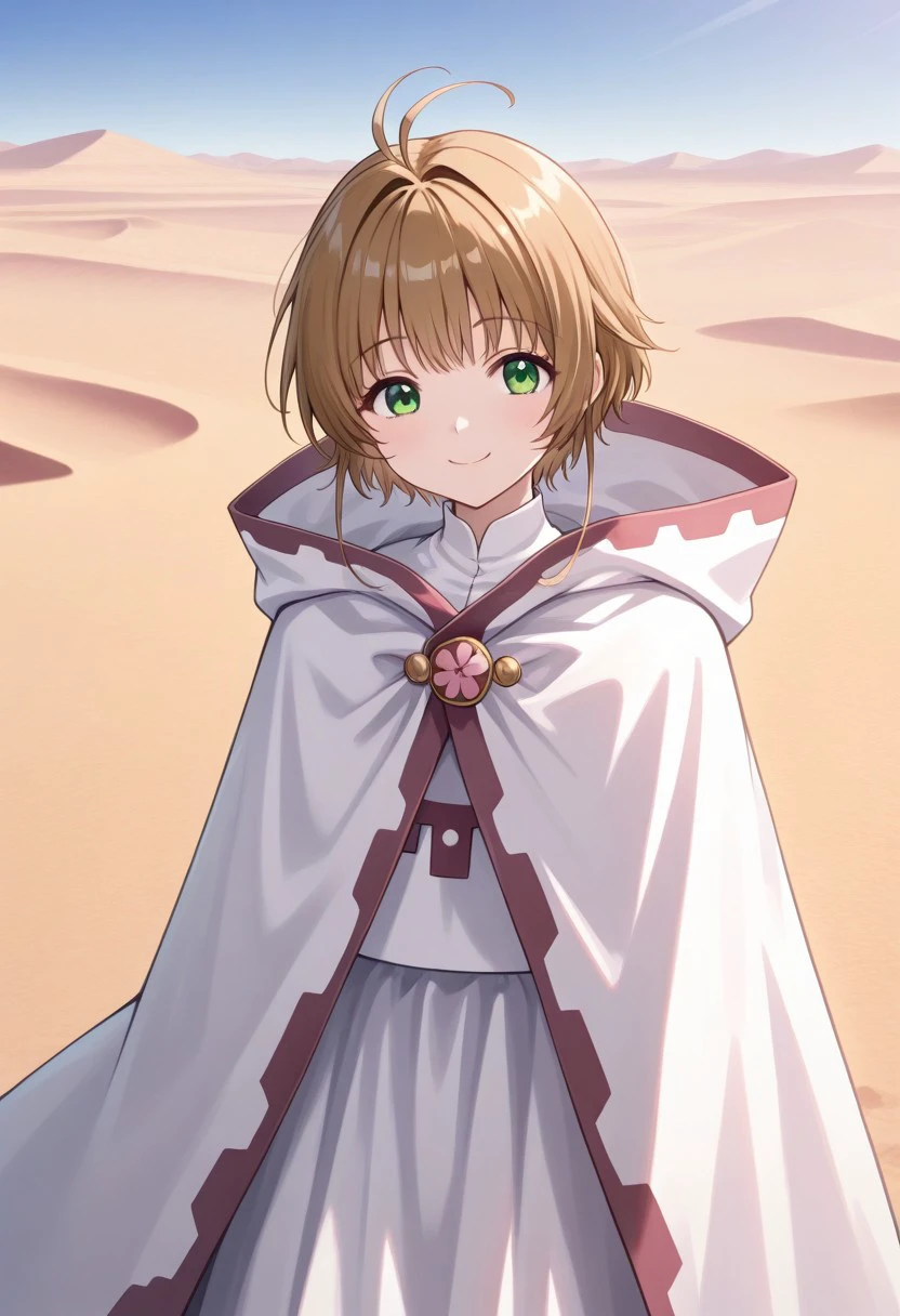 masterpiece, best quality, 
sakura_t, 1girl, solo, green eyes, brown hair, short hair, ahoge, antenna hair, dress, white dress, cloak, white cloak, smile,
outdoor, desert,