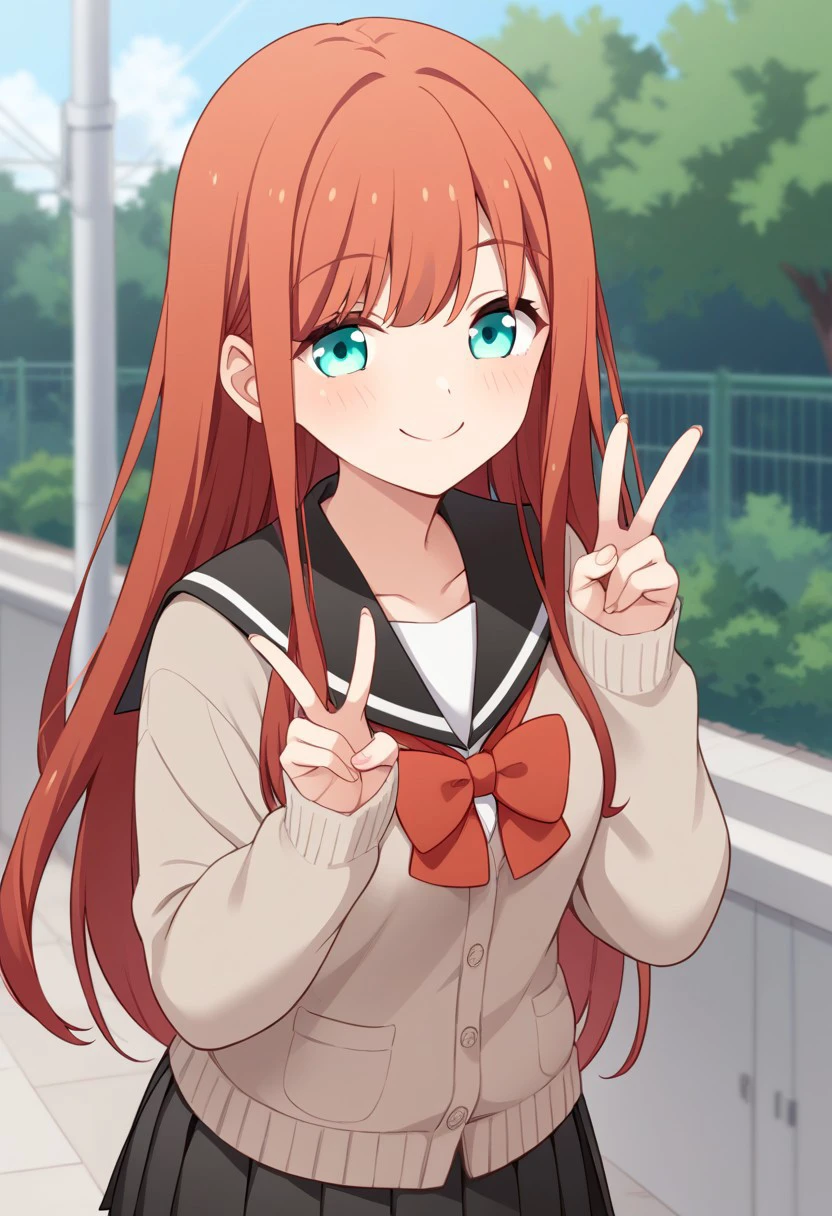 score_9,score_8_up,score_7_up, source_anime, solo, Minagawa yuki, red hair, long hair, aqua eyes, Serafuku, cardigan, long sleeves, red bow, skirt, pleated skirt, smile, closed mouth, perfect breast, peace sign, outdoors, perfect anatomy