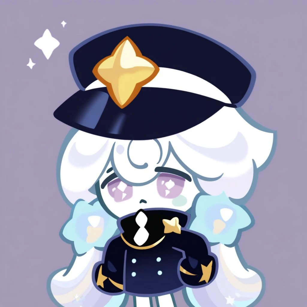 milky way, white hair, purple eyes, shirt, hat