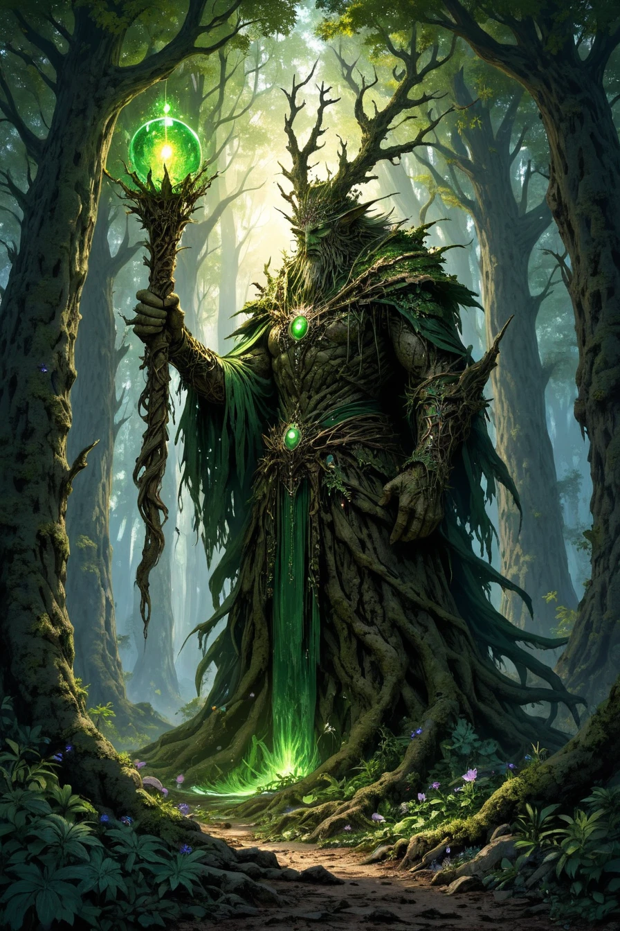 A towering forest ent stands majestically in the heart of an ancient, magical forest, surrounded by towering trees and glowing flora. Its massive, bark-covered form is entwined with moss, vines, and blooming flowers, radiating the essence of nature. In one gnarled hand, it holds a colossal staff made of living wood, crowned with a vibrant green orb that pulses with life energy. The orb’s glow illuminates the forest floor, causing roots and plants to grow and twist in response. Tiny woodland creatures gather around, drawn to its aura of harmony and power. The ent’s glowing, emerald-green eyes peer with wisdom and resolve, as leaves rustle gently in the air around it. Shafts of sunlight filter through the canopy above, casting dappled light on the mystical scene, where nature’s magic is at its strongest. orb staff