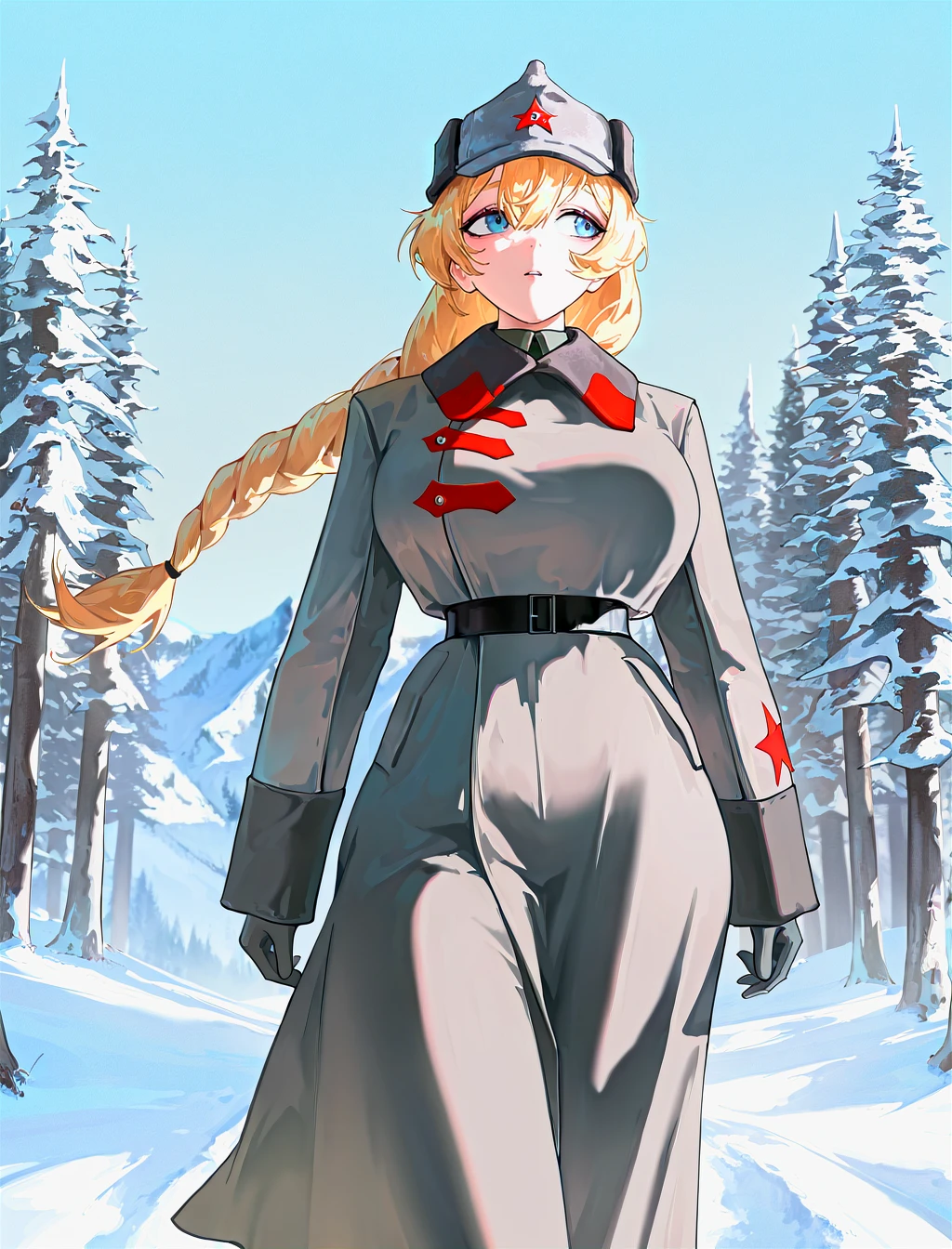 amazing quality, 1girl, solo, blond hair, long thick braid, big breasts, blue eyes, curvy, (plump:0.6), large breasts, outdoors, snowy forest, <lora:glavakolhoza_redarmywinter:1>,  glavakolhoza_redarmywinter, military uniform, gray military coat, three clasps, headwear, budenovka, red star \(symbol\) on hat, (red elements:1.1), walking, scenery, masterpiece, best quality, good quality, newest ,very aesthetic, absurdres, (snegovski:0.855), (mamimi \(mamamimi\):0.8),[(dino \(dinoartforame\):1.2), niri \(eunhaha02\),(nyong nyong:0.8),(nat the lich:1.2)]