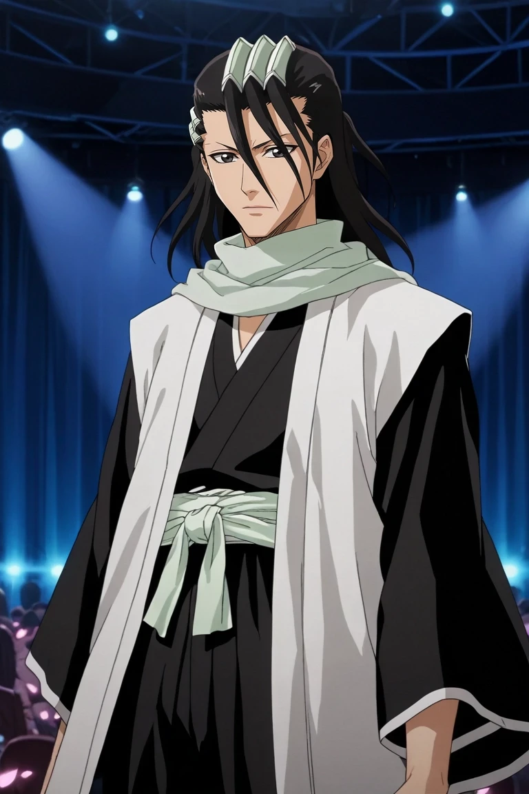 score_9, score_8_up, score_7_up, source_anime, rating_safe, , anime screencap, , , , , 1boy, solo, male focus, <lora:byakuya_kuchiki_pony:1>, byakuya_kuchiki, black hair, black eyes, long hair, scarf, japanese clothes, haori, petals, hair ornament, hair between eyes, sword, cowboy shot, concert, stage, stage lights, idol, indoors, light, leaning back, squinting, , <lora:sdxl_lightning_8step_lora:1>