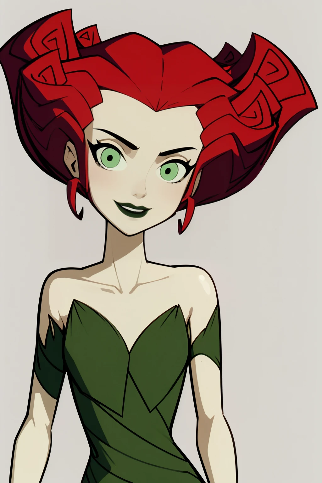 masterpiece, best quality,
1girl, poisonivy, red hair, green eyes, lipstick,
strapless dress, pale green skin, bare shoulders, 
upper body, evil smile,
looking at viewer, solo, looking at viewer, simple background, white background    <lora:PoisonIvy_byKonan:1>