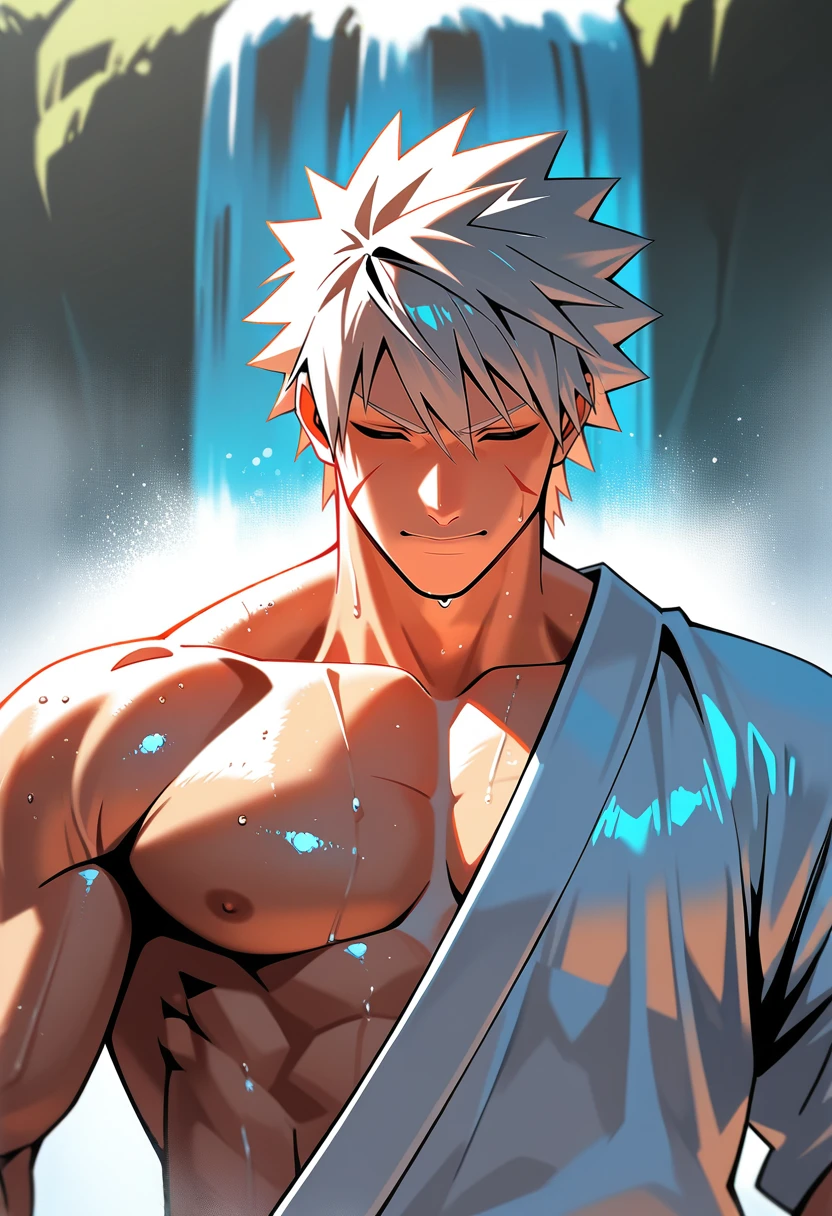 (masterpiece), (best quality), 1boy, <lora:Tobirama_Senju:0.5> tbrm_nrt, japanese clothes, bathing in waterfall, upper body, muscular, facing viewer, masterpiece, best quality, absurdres, highly detailed, raytracing, masterwork, masterful composition, dynamic movement