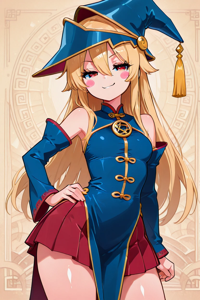 masterpiece, best quality, 1girl, solo, 21 year old model, eyelashes, (beautiful eyes),     ,,,zzTasselStarCitron, hair between eyes, red eyes, blonde hair, long hair, wizard hat, bare shoulders, detached sleeves, blush stickers, blue headwear, red skirt, tassel, pleated skirt,  <lora:TasselStarCitronIXL_v4:1.0>, cowboy shot, hand on hip, smug, smile, looking at viewer, shiny skin,<lora:LandidzuStyleIXL:1.0>,