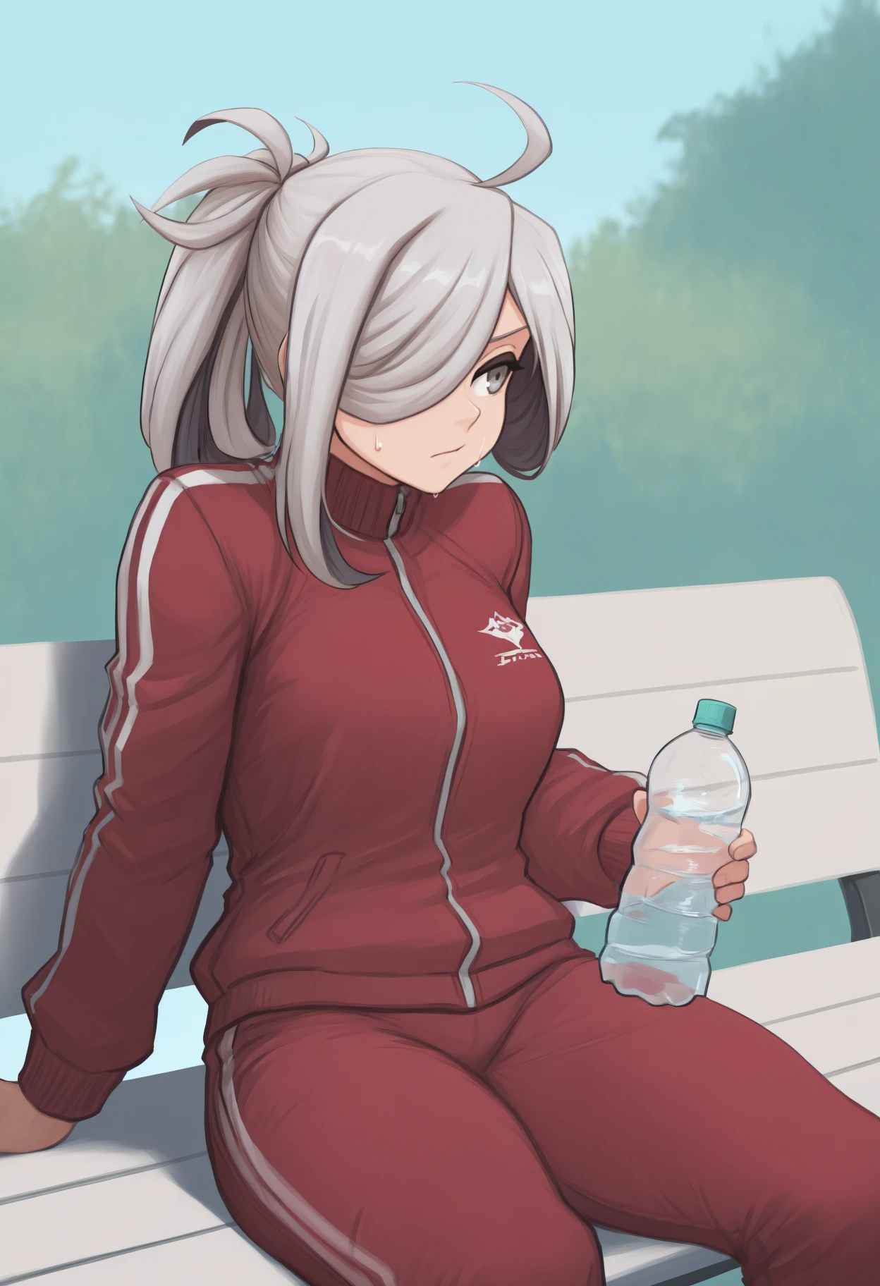 masterpiece, best quality, <break> solo, 1girl, ashmdef, sweat, looking away, sitting, park bench, arm support, holding water bottle, long hair, multicolored hair, grey hair, ahoge, hair over one eye, ponytail, grey eyes, track suit, red jacket, track jacket, long sleeves, red pants, outdoors, day
<segment:yolo-Anzhc Face seg 640 v2 y8n.pt,0.4,0.5//cid=1>