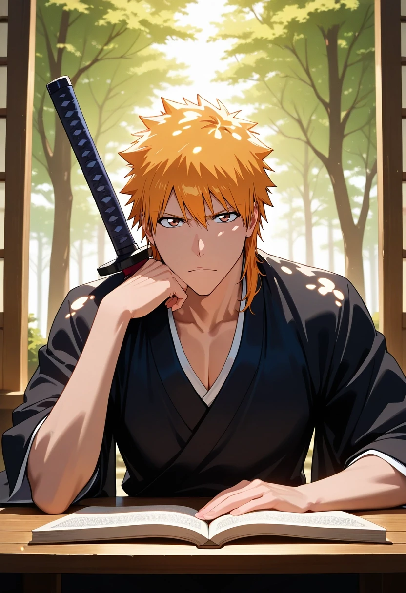 masterpiece, best quality, intricate details, (3d:0.4), looking at viewer, , 1boy, solo, male focus, <lora:ichigo_kurosaki_ilxl:1>, ichigo_kurosaki, 1boy, orange hair, brown eyes, medium hair, hair between eyes, japanese clothes, sword, forest library, tree shelves, leaf canopy, reading nooks, studying pose, absorbed expression, dappled sunlight, , newsboy cap