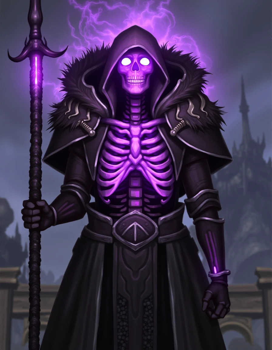 This image is a digital wallpaper painting of a fantastical, skeletal warrior, rendered in a detailed, highly detailed, fantasy art style. The character stands against a detailed underworld scenery backround, providing no context to the environment. The warrior's skeletal body glows with a vibrant, ethereal purple light, emphasizing its eerie and powerful presence. 
The figure's skeletal structure is visible, with a glowing purple skull and ribcage, creating a stark contrast with the dark armor.
,<lora:path_of_exile_flux:0.8>,