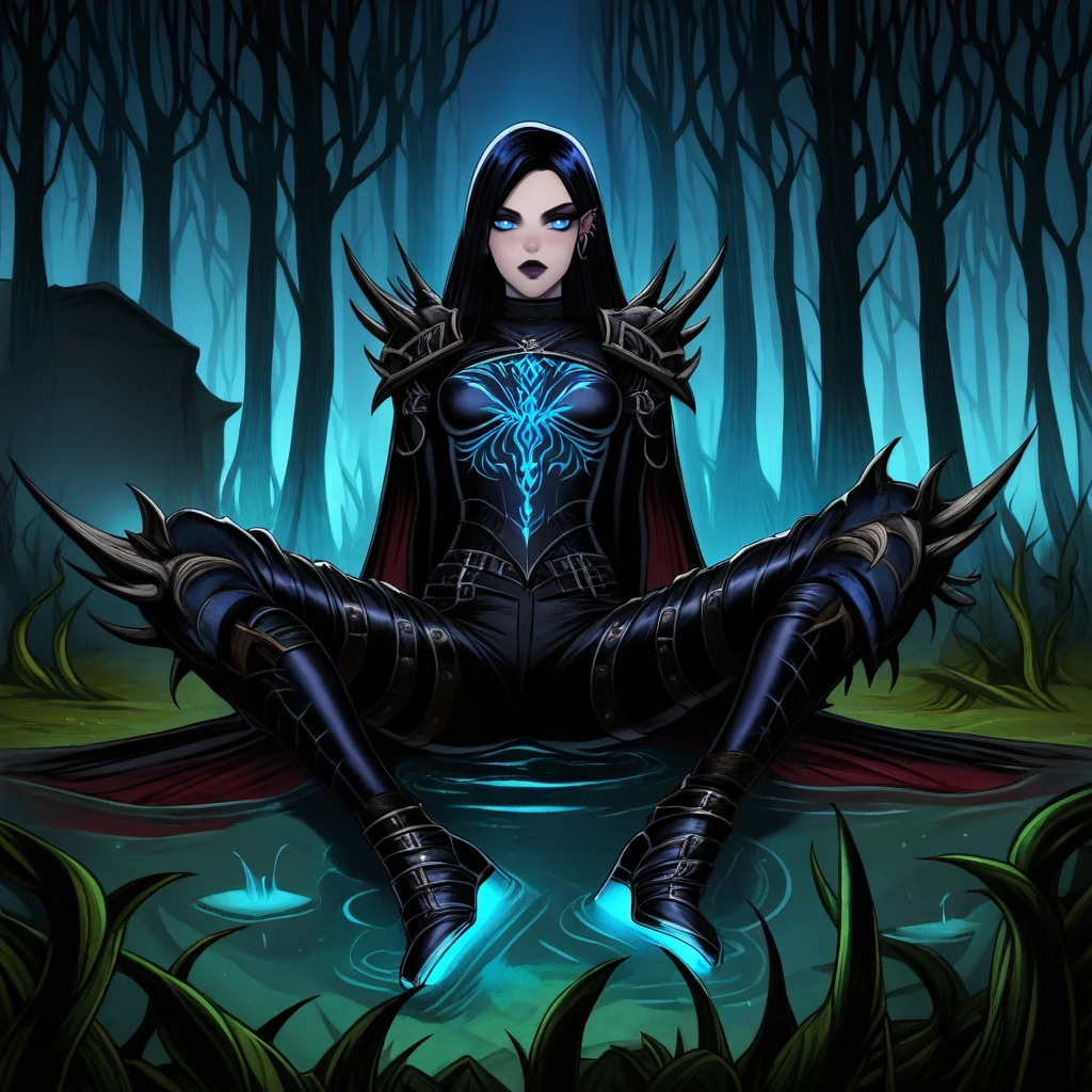 <lora:Gothic&Metal Girls-IL:1> gothmetalgs, dark fantasy style, digital painting, gothic warrior queen, decaying swamp, surrounded by jagged black stones, mist swirling at her feet, spiked armor, black latex bodysuit, flowing black cape, intricate tattoos, glowing blue runes on exposed skin, piercing ice-blue eyes, heavy boots with metal accents, futuristic goth weapon, eerie green glow from swamp water, shadowy creatures lurking in the distance, haunting atmospheric aesthetic