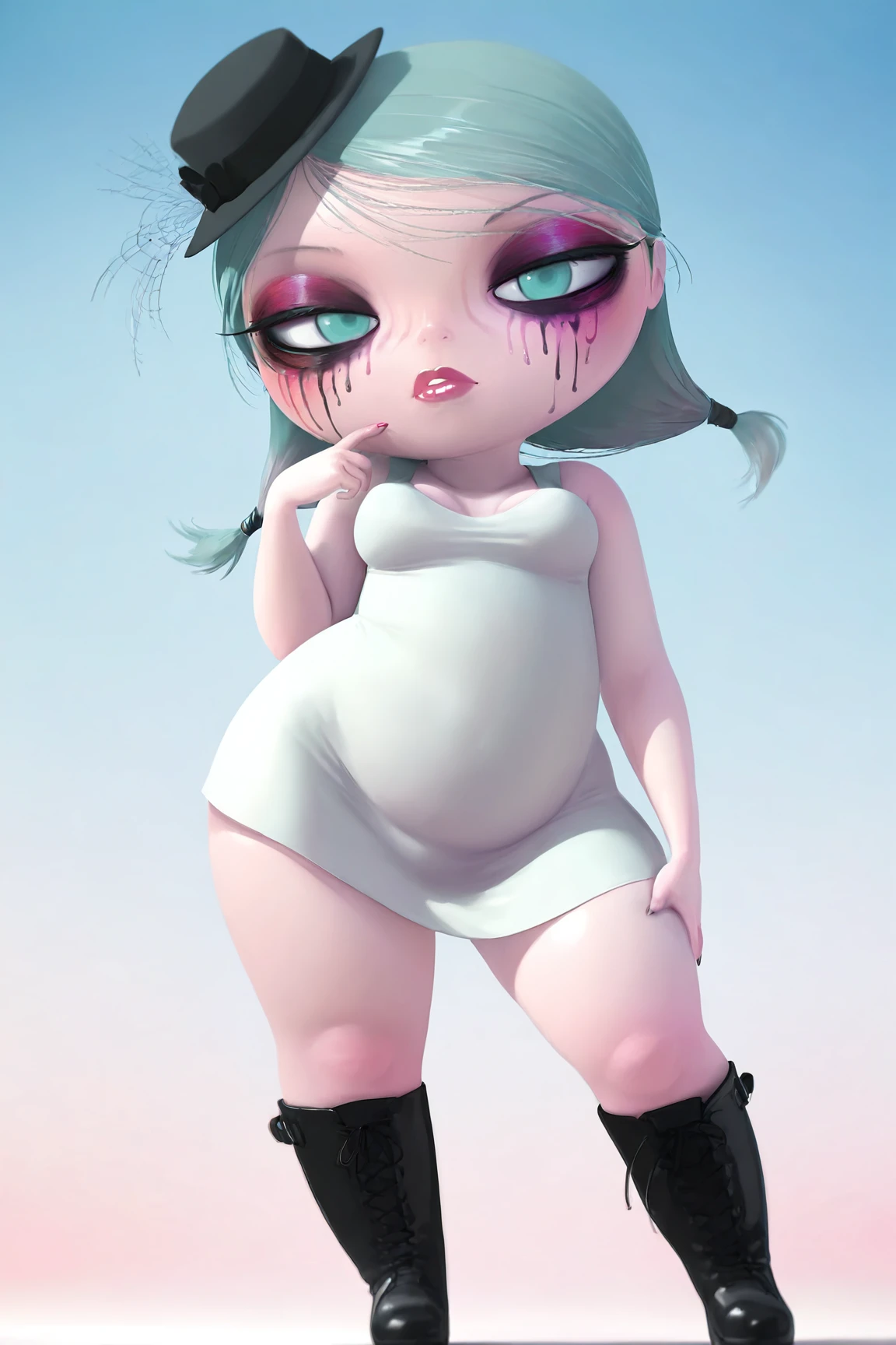 ,masterpiece,best quality,amazing quality,nsfw,1girl,source_cartoon,looking at viewer,full body shot
standing,,solo, cherry, lipstick, heavy makeup, runny makeup, dark cyan hair, pale skin, plump lips,shortstack, cyan eyes, dress, medium breasts, plump, black boots <lora:Cherry:0.8>