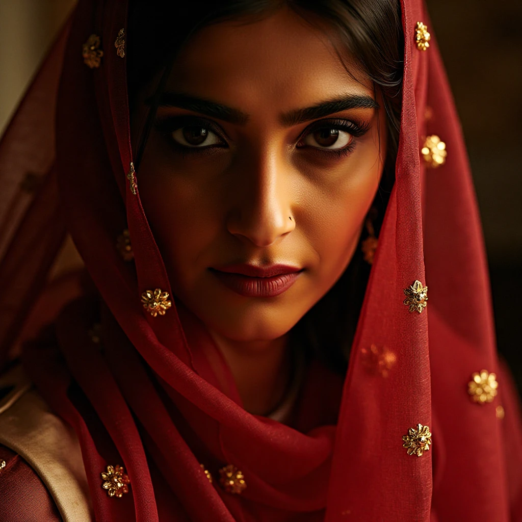 Close-up portrait of sonamkapoorukohwx draped in a deep maroon, sheer fabric veil.  The veil is adorned with small, golden, glittering embellishments that catch the light, creating a shimmering effect.  The woman's expression is contemplative and slightly melancholic, her gaze directed slightly off to the side.  Her lips are softly parted, suggesting a quiet internal thought process.  She is wearing a light-colored, possibly ivory or beige, garment underneath the veil.  A nose ring is noticeable.  The composition is intimate, focusing on the top of her head down to her chest, with the soft-focus background emphasizing the woman's features.  The lighting is warm and diffused, casting soft shadows and highlighting the texture of the fabric.  The tones are rich and saturated, with deep maroon and warm golden highlights.   The overall atmosphere is evocative, creating a sense of mystery and quiet introspection, with a hint of elegance and tradition.  The style leans toward a cinematic and artistic portrayal, highlighting the intricate details of the veil and the subject's emotional state.  A soft-focus effect emphasizes the texture of the translucent veil.