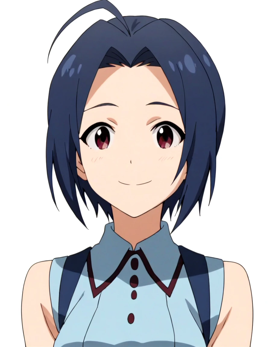 score_9, score_8_up, score_7_up, best quality, masterpiece, anime screencap, anime coloring, 1girl, solo, looking at viewer, upper body, (simple background, solid white background:1.3), <lora:azusa-imasPDXL:0.8>, azusa miura, short hair, blue collared sleeveless dress, smile