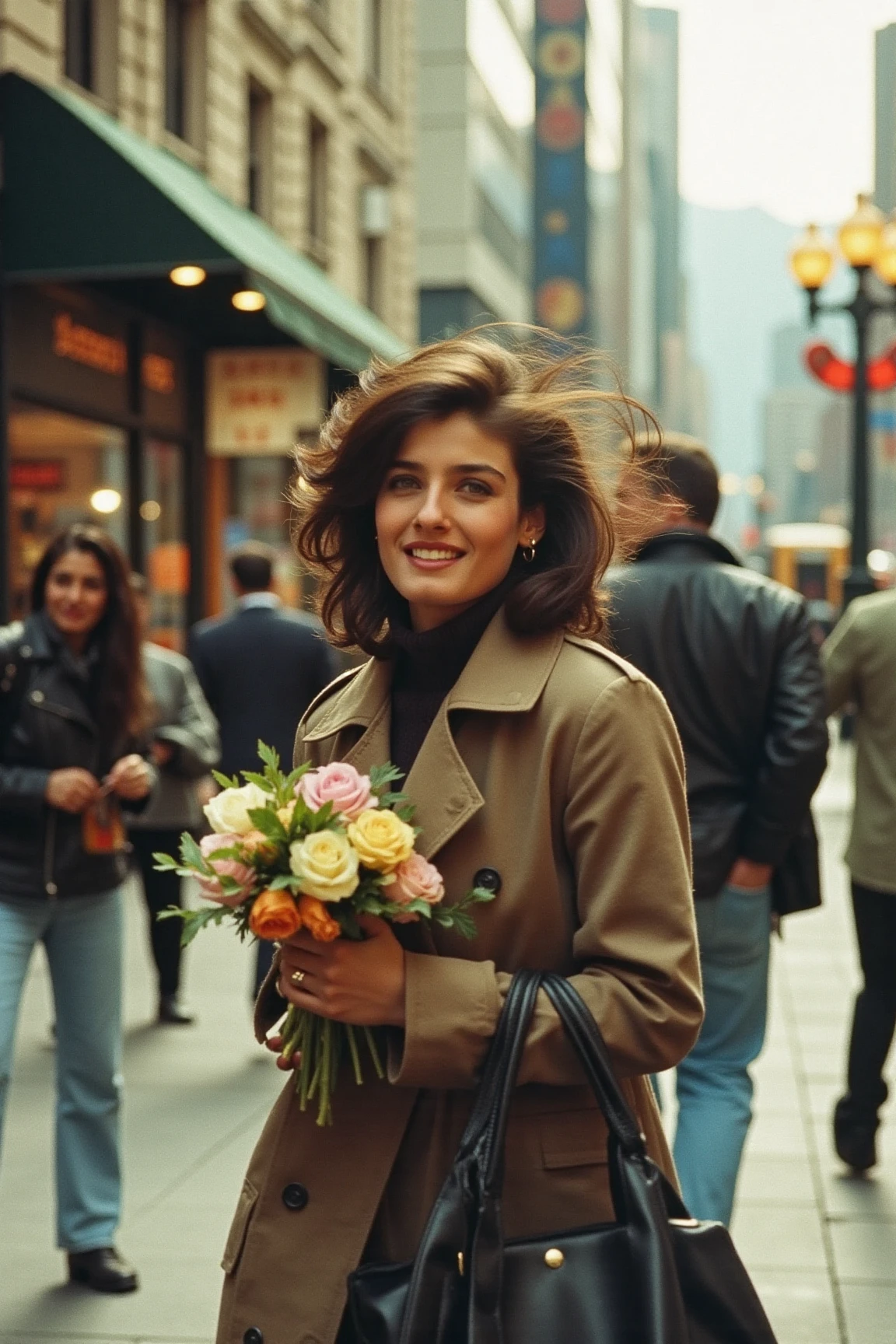 A candid, editorial photo of a brunette woman captured on an analog film camera. She is walking through a bustling city street, holding a bouquet of fresh flowers in one hand and a tote bag in the other. She wears a long trench coat over a casual outfit of a turtleneck sweater, exuding effortless elegance. Her medium volumnous hair is slightly tousled by the breeze, and she has a relaxed, content smile as she glances away into a distance.

The background features blurred details of storefronts, pedestrians, and vintage streetlights, adding to the vibrant urban atmosphere. The natural light casts soft highlights on her face and hair, while the rich tones and subtle grain of the film create a nostalgic, timeless feel. The scene captures an authentic and unposed moment of her in the rhythm of everyday life.