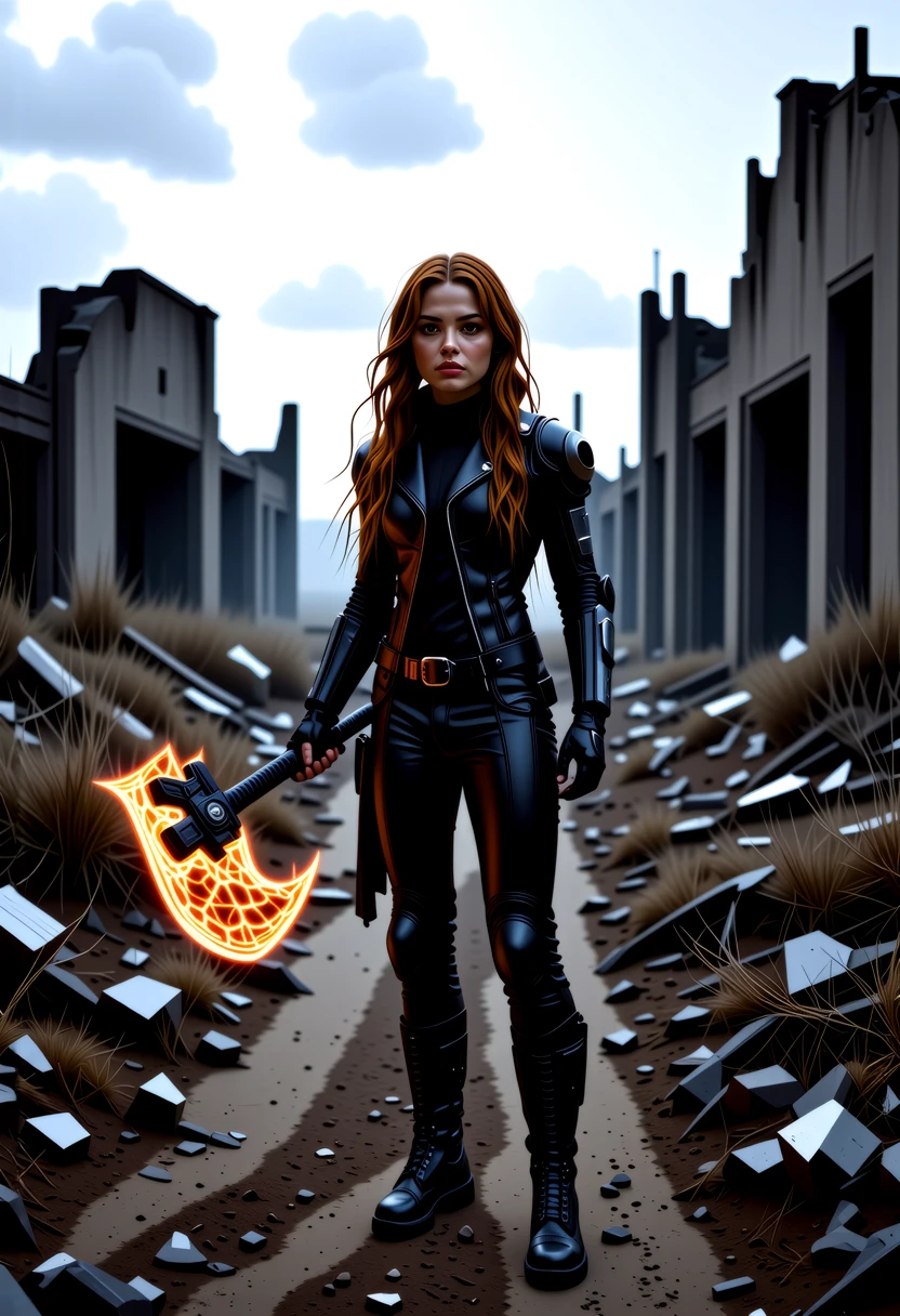 She wears a futuristic vikingpunk outfit, including leather_vest, wide combat style leather_belt, shirt, leather_pants, with combat_boots. The ensemble is reminiscent of vintage viking armor with a completely futuristic aesthetic.  
Amidst the ruins of a post-apocalyptic wasteland, a female Vikingpunk warrior stands tall, her advanced exosuit glowing with red magic flames. The wind catches her long red hair, framing her determined expression and green eyes. She wields a futuristic bioluminescent battleaxe, ready for any challenge. The desolate landscape, barren and dry, serves as a backdrop to her formidable presence. With a futuristic rebreather mask covering part of her face, she embodies the fusion of ancient Viking culture and cutting-edge technology, leaving a lasting impression of strength and resilience in this harsh environment.