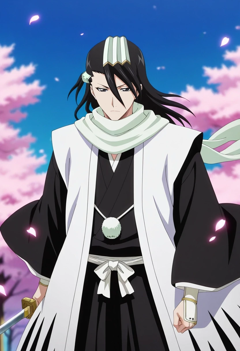 masterpiece, best quality, , anime screencap, , , , depth of field, 1boy, solo, male focus, <lora:byakuya_kuchiki_ilxl:0.98>, byakuya_kuchiki, black hair, black eyes, long hair, scarf, japanese clothes, haori, petals, hair ornament, , sword, , gothic costume