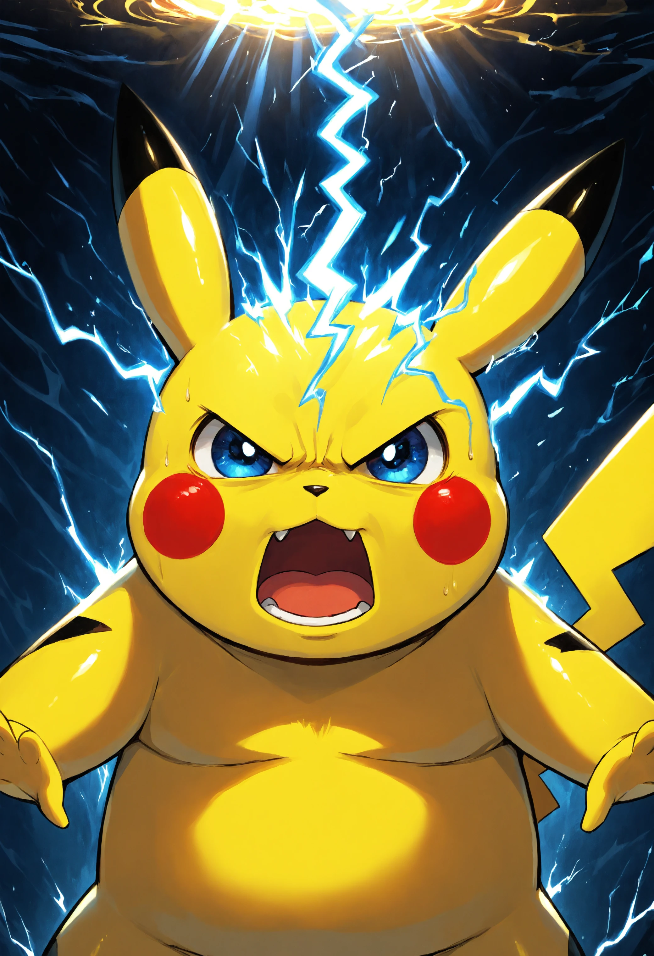 Pikachu from pokemon, angry, electricity, breaking through glass.