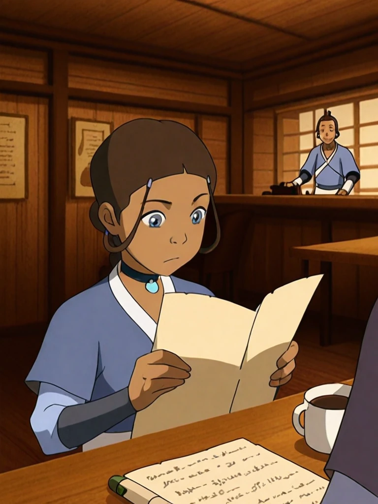 anime screencap,8k, absurd res,
 <lora:Katara_Illustrious:1>
1girl, dark skin, dark-skinned female, brown hair, choker, jewelry, hair ornament, katara, braid, 
blue robe, upper body, 
sitting, reading, scroll, holding scroll, table,
indoors, cafe, coffee mug, crossed legs,