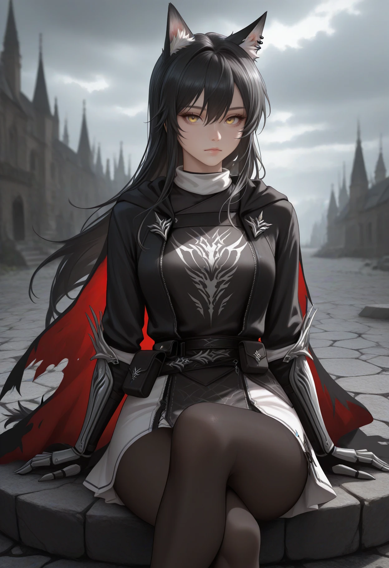 masterpiece, best quality, realistic, <break> solo, 1girl, txswgbrkr, wolf tail, expressionless, looking at viewer, sitting, crossed legs, arm support, long hair, black hair, hair between eyes, animal ears, animal ear fluff, animal ear piercing, yellow eyes, two-sided cape, black cape, red cape, torn clothes, black jacket, open jacket, long sleeves, belt pouch, black shirt, gauntlets, white skirt, black pantyhose, outdoors, cloudy sky, stone floor
<segment:yolo-Anzhc Face seg 640 v2 y8n.pt,0.4,0.5//cid=1>