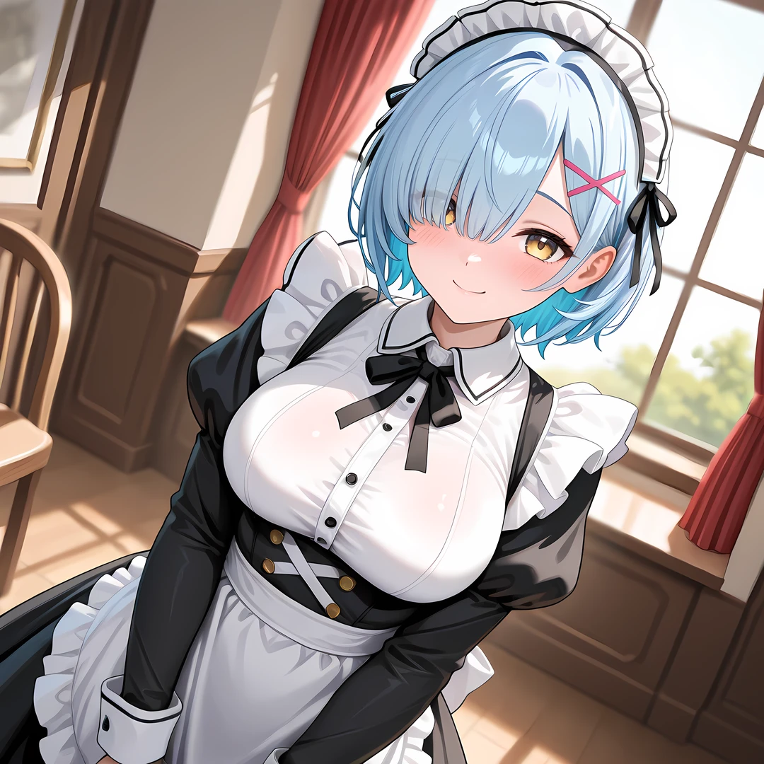 1girl, blue hair, solo, short hair, hair ornament, maid, x hair ornament, maid headdress, smile, looking at viewer, ribbon, breasts, indoors, yellow eyes, curtains, blush, hair ribbon, dress, long sleeves, blurry, apron, window, hair over one eye, blurry background, closed mouth, puffy sleeves, large breasts, black dress, neck ribbon, chair, day,dutch angle,<lora:ChainsawstyleByOOA-10:1>, masterpiece, best quality, amazing quality, very aesthetic, absurdres, newest, scenery, perfect face,intricate,beautiful scenery,ultra realistic 8k CG,perfect artwork,absurdres, anime 2D, vibrant colors, sharp lines, smooth,edges,