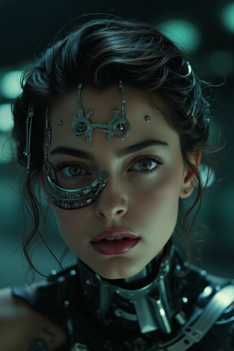 A highly detailed, realistic photo of a cybernetic woman. Her face is a seamless blend of human beauty and advanced technology, with metallic plates and glowing, intricate circuits integrated into her skin. Her eyes are striking that conveys intelligence and mystery. Delicate wires and biomechanical elements weave through her hair, styled sleekly to enhance her futuristic appearance. Her expression is confident and serene, emphasizing her humanity despite her cybernetic enhancements. The background is minimal and dark, with subtle futuristic light patterns, drawing full attention to the intricate details of her face and design. The overall image is hyper-realistic, with fine textures, soft lighting, and a cinematic atmosphere.