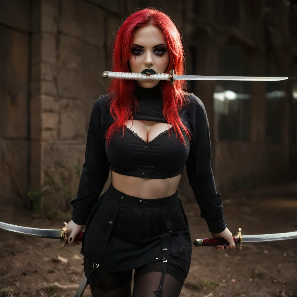 female focus, solo focus, solo, score_9, score_8_up, score_7_up, 1girl, goth, goth girl, gothic, red hair, 3SwordsStyleV1, holding object in mouth, holding in mouth, mouth hold, sword in mouth, weapon, holding weapon, holding, holding sword, 3swords, dual wielding, 3 weapons, 3 swords, weapon, sword