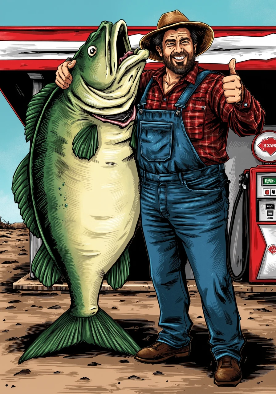 BPRE art of, a giant fish wearing overalls who is friends with a man and a the man has one arm around the fish giving a thumbs up, the giant fish has one fin up, the man is smiling and wearing a straw hat and is slightly overweight with a plaid button up shirt and blue jeans with facial hair, he is smiling, the fish just has a normal fish face, they are standing in front of a rural gas station,<lora:BPRE-000013.safetensors:1.0:1.0>