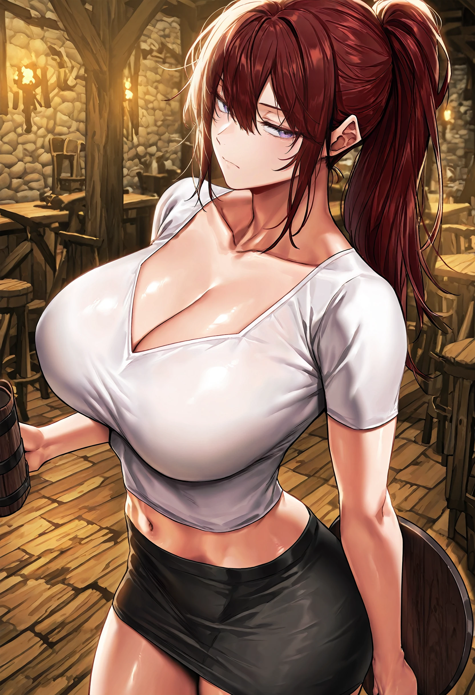 masterpiece, best quality, amazing quality, very aesthetic, absurdres, newest, scenery, 1girl, solo, huge breasts, serious, half-closed eyes, closed mouth, <lora:Calisa illustxl:0.9> ponytail, long hair, red hair, brown hair, purple eyes, blue eyes, sidelocks, hair between eyes, white shirt, collarbone, short sleeves, cleavage, navel, midriff, black skirt, pencil skirt, miniskirt, holding tray, from side, tavern, inside, looking back, shiny skin, masterpiece, best quality, amazing quality, very aesthetic, absurdres, newest, scenery