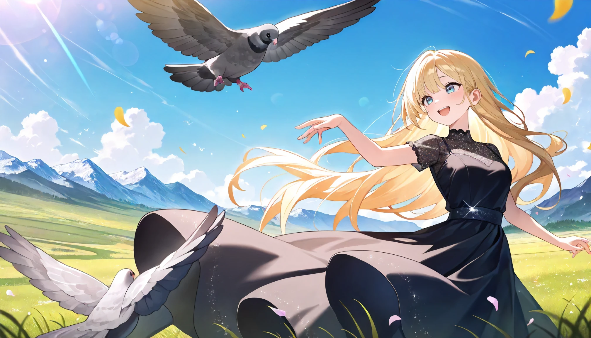 masterpiece,best quality,good quality,newest,
detailed background,mountain,grassland,nature,blue sky,cloud,glitter,lens_flare,
smile,open mouth,
looking at another,
solo,
1girl,blonde hair,long hair,blue eyes,
black dress,
wind,floating hair,dancing,pigeon,petal,