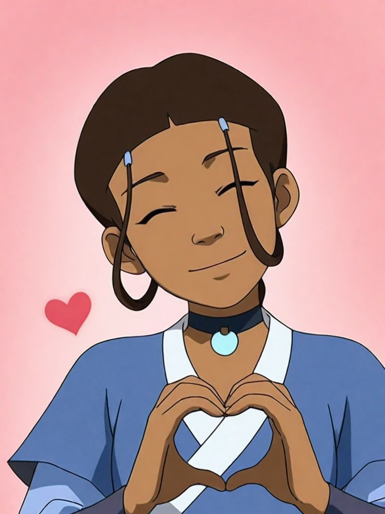 anime screencap,8k, absurd res,
<lora:Katara_Illustrious:1>
1girl, dark skin, dark-skinned female, brown hair, choker, jewelry, hair ornament, katara, braid,
blue robe, upper body,
light smile, closed mouth, closed eyes, own hands together, heart hands,
head tilt,