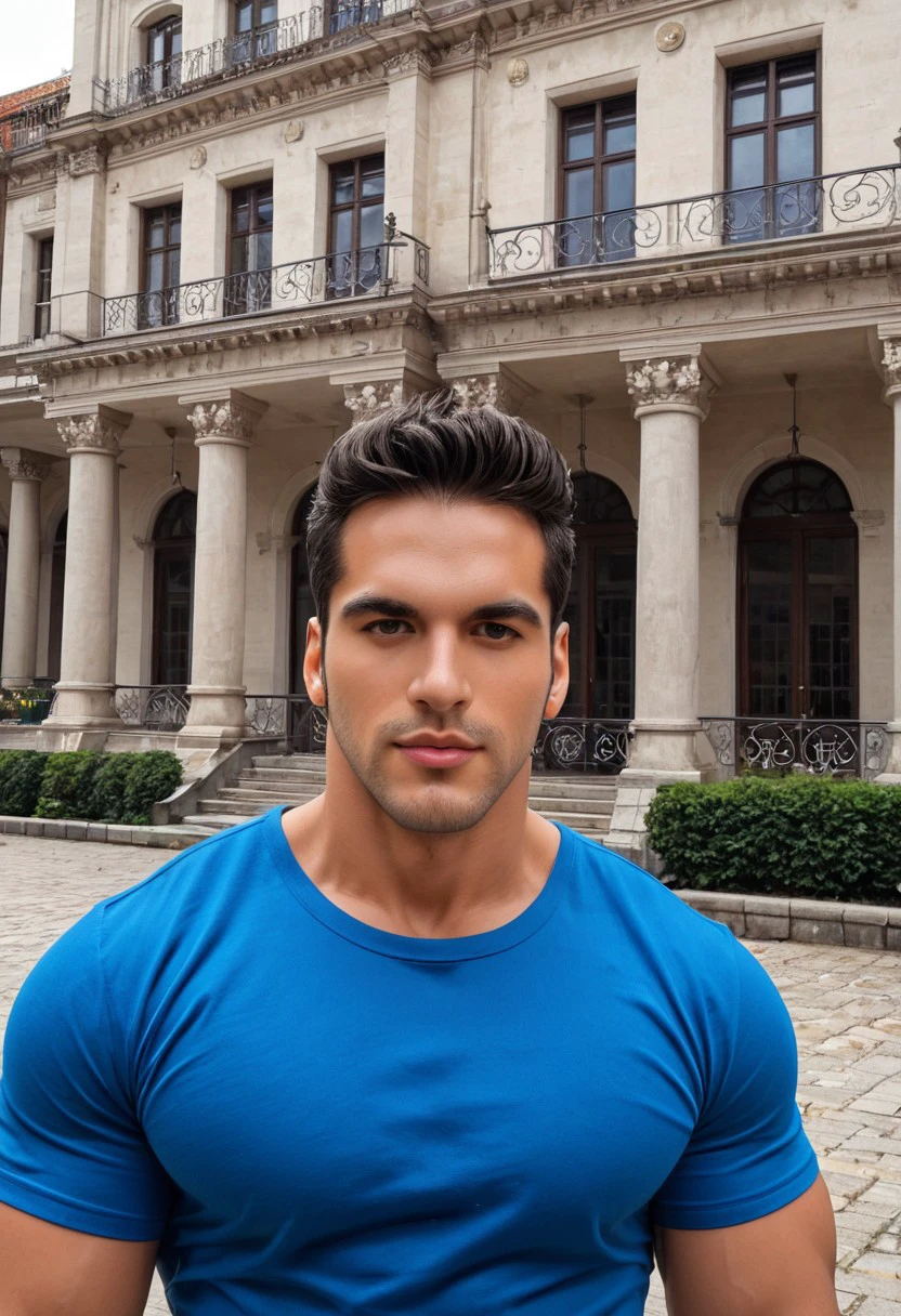 knhtt, big chest, lennyssy, lenisyi, lenisss, a man in a blue shirt standing in front of a building, latin, muscular male, seductive