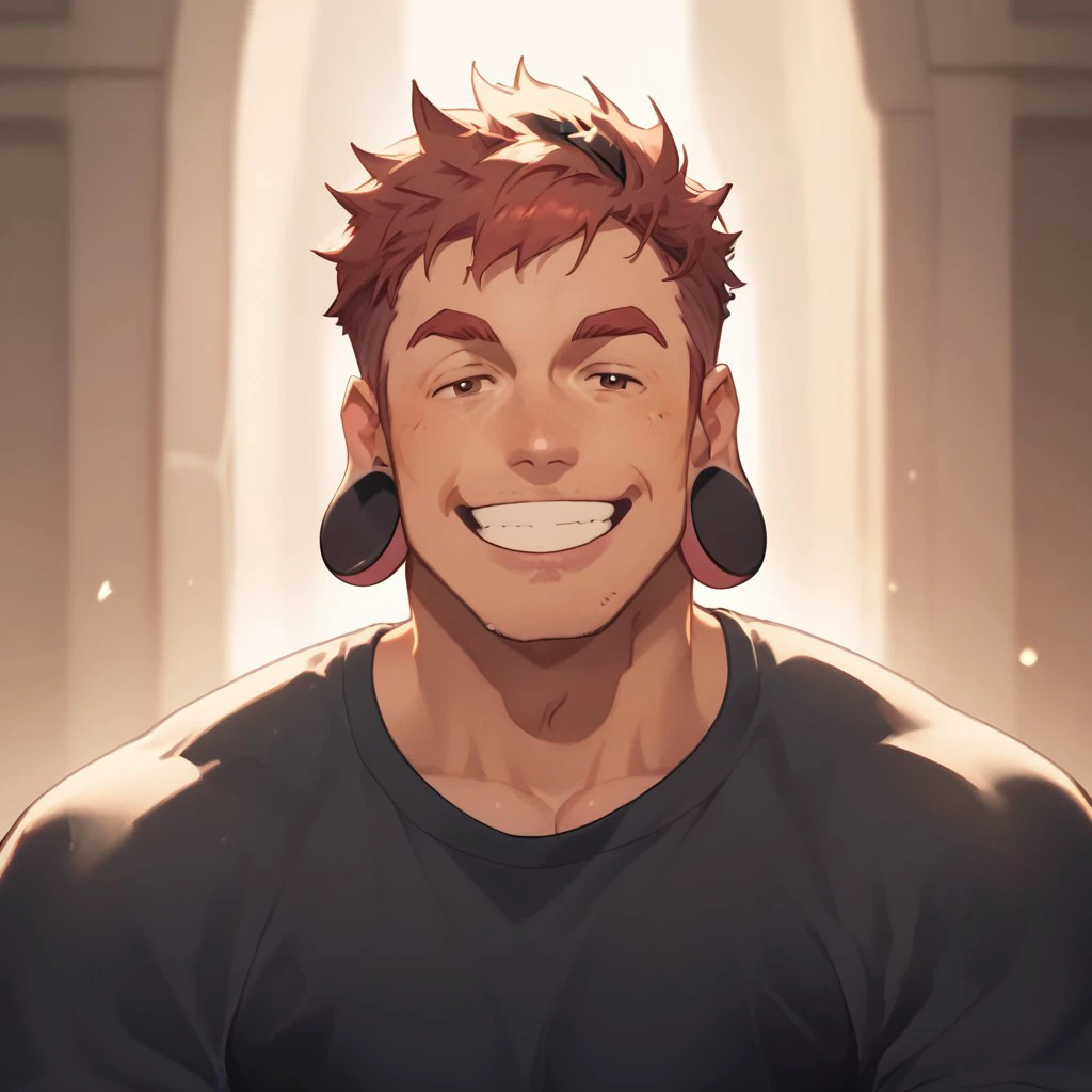 score_9, score_8_up, score_7_up, bara, masterpiece, 1boy, solo, man, male focus, handsome, muscular, short hair, huge stretched ears, (((huge black ear plugs))), red hair, smiling, stubble