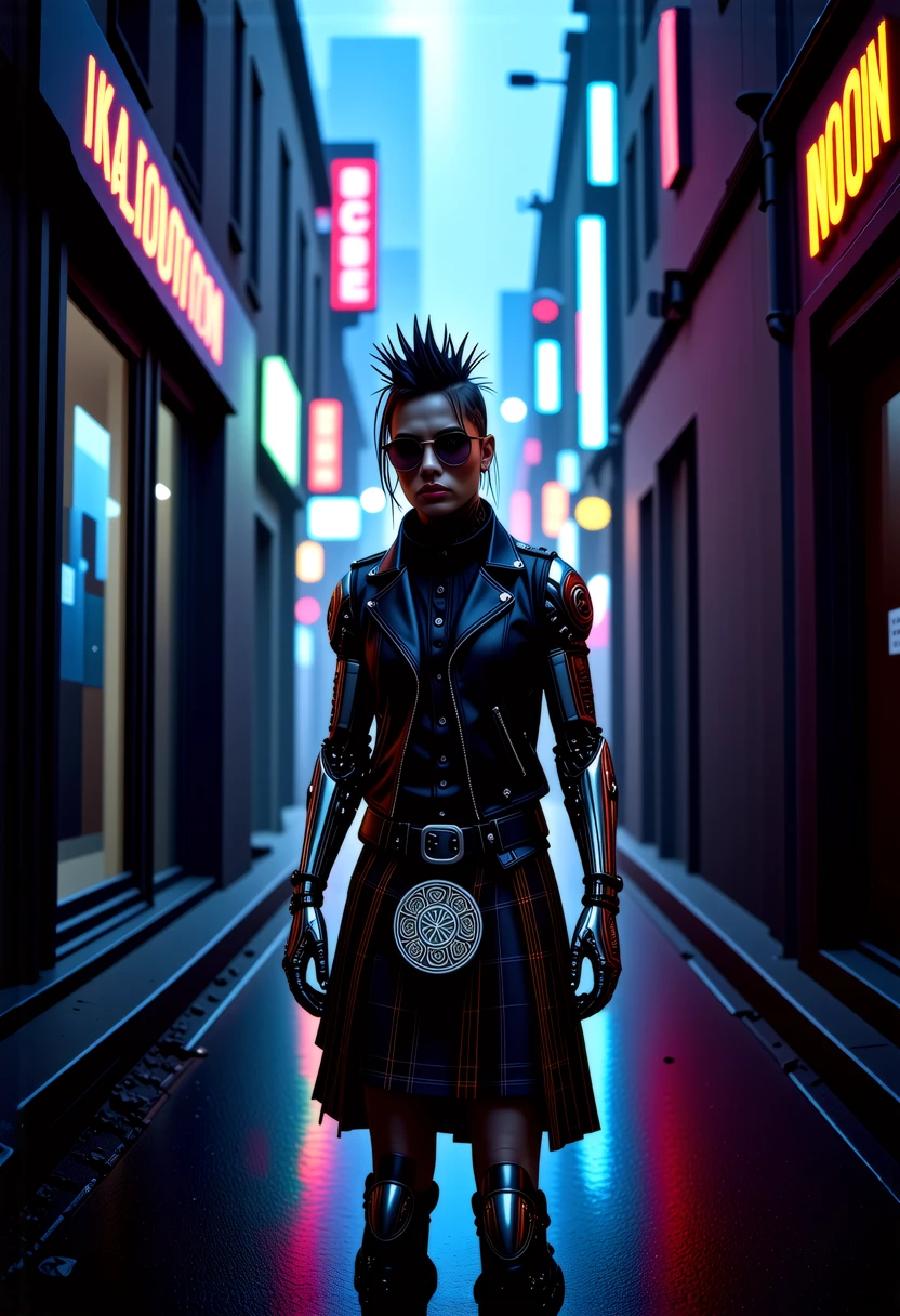 In a dystopian city, a celticpunk rebel with a Celtic twist stands tall. Their face, marked with intricate Celtic tattoos, tells a story of resistance and freedom. Dressed in a leather jacket adorned with Celtic symbols and a kilt, they exude an air of defiance. The city's neon lights reflect off their spiked mohawk, creating a unique, punk-inspired look. Their presence challenges the oppressive regime, embodying the spirit of Celtic rebellion and the fight for freedom. Celtic-inspired aesthetic incorporating punk elements, traditional Celtic music, augmented mechanical enhancements. 
Amidst the vibrant cyberpunk metropolis, a young vikingpunk mercenary stands out in a neon-lit alley, her cybernetic implants and (biomechanical cybernetic mechanical_arms with organic elements fused with metal, pulsing veins, biomechanical textures), glowing in the city's light. 
She wears a futuristic vikingpunk outfit, including leather_vest, wide combat style leather_belt, shirt, leather_pants, with combat_boots. The ensemble is reminiscent of vintage viking armor with a completely futuristic aesthetic. 
The alley, bustling with urban life, sets the stage for her confident presence. Her short undercut hair and terminator-style sunglasses create a distinctive look, representing the fusion of her cultural heritage and futuristic enhancements. This scene, with its atmospheric lighting and urban environment, captures the essence of a viking woman, transported through time, navigating this new world, leaving a lasting impression in the heart of the city.