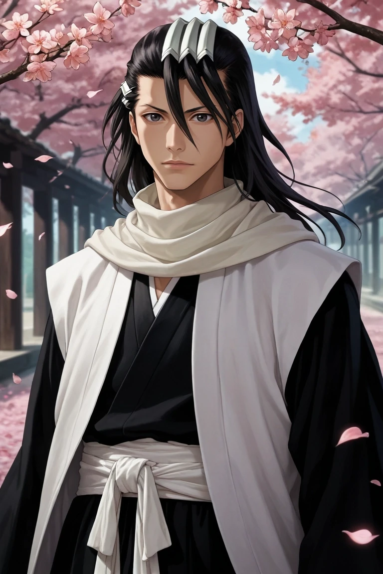 score_9, score_8_up, score_7_up, source_anime, rating_safe, , (realistic:0.6), , depth of field, 1boy, solo, male focus, <lora:byakuya_kuchiki_pony:0.9>, byakuya_kuchiki, black hair, black eyes, long hair, scarf, japanese clothes, haori, petals, hair ornament, hair between eyes, sword, , , <lora:sdxl_lightning_8step_lora:1>