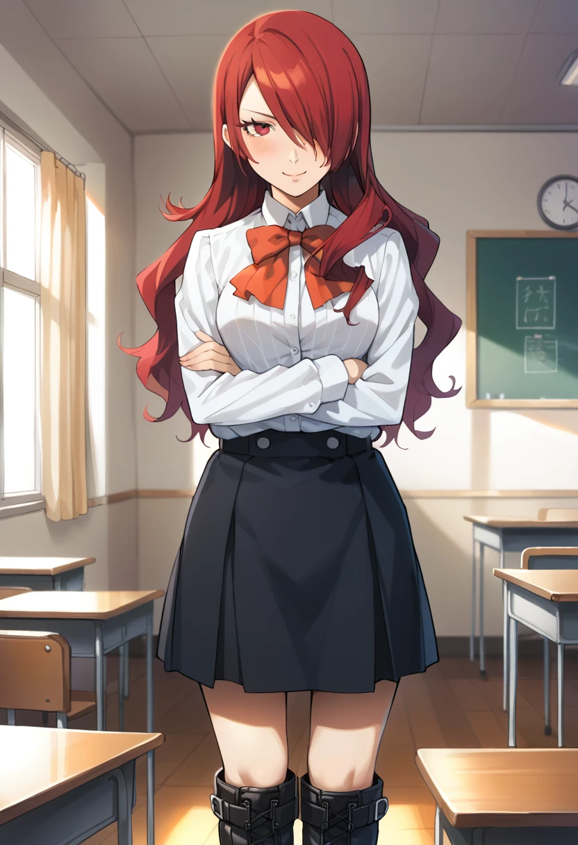 score_9, score_8_up, score_7_up, (source_anime), 1 girl, solo,
kirijodef, mitsuru, p3mitsuru,
Kirijou Mitsuru, p3mitsuru, long hair, hair over one eye, white shirt, red bowtie, black skirt, knee boots, black footwear, gekkoukan high school uniform,
standing, shy smile, blushing, arms crossed, eye contact,
indoors, classroom, masterpiece, best quality, ultra detailed, absurdres, very aesthetic