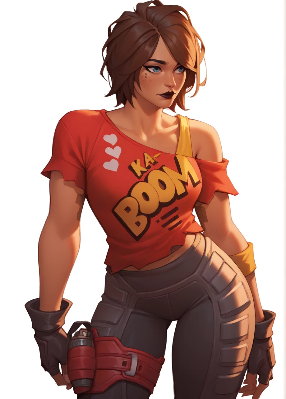 1girl, solo, cowboy shot, white background, dark skin, brown hair, lipstick, tinadef, short hair, print shirt, off shoulder, black pants, thigh holster, fingerless gloves <lora:FN_TNTina-PONY:0.8>, score_8_up, score_7_up, score_6_up, score_5_up, score_4_up,