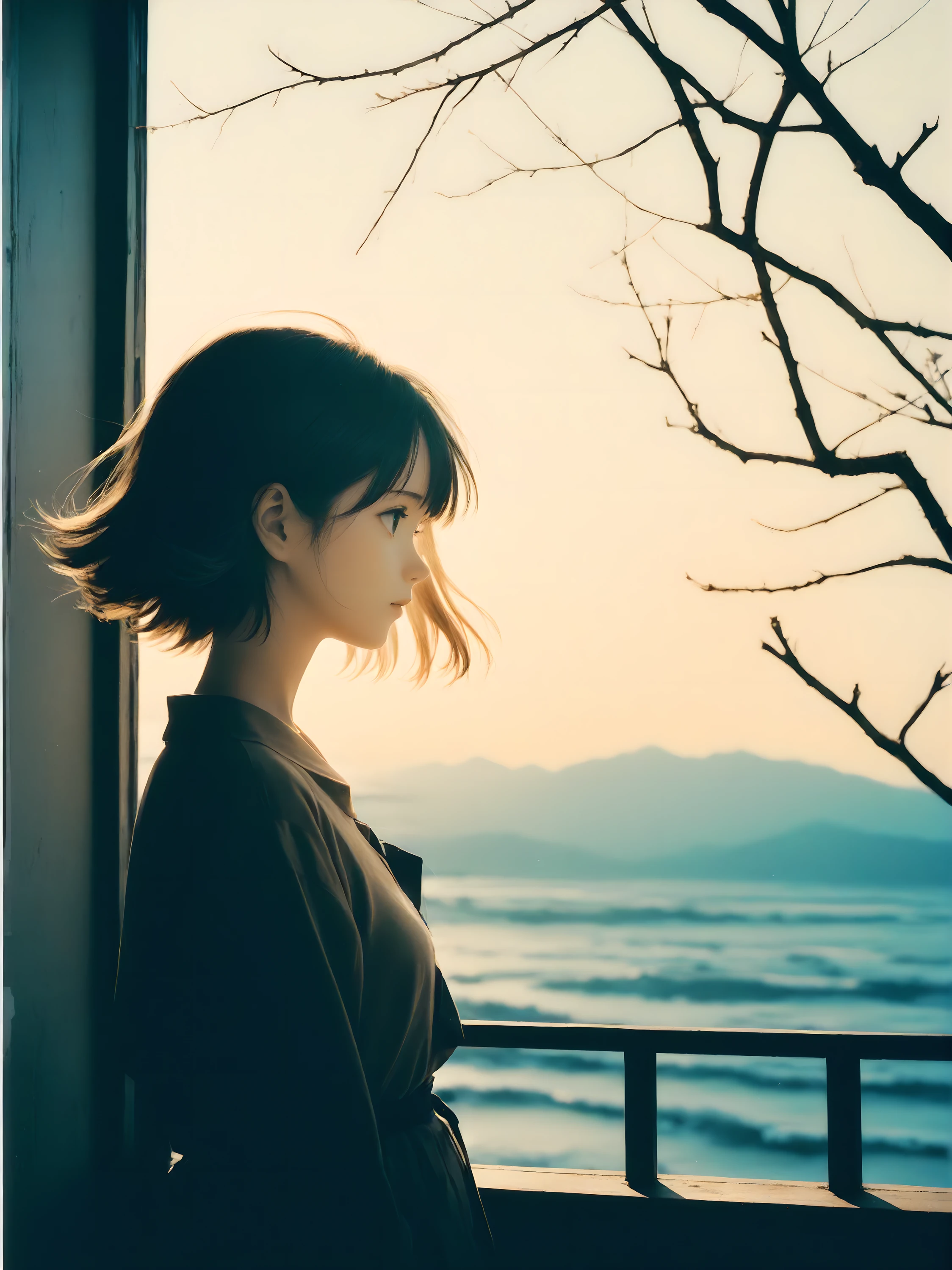 Best quality, Analog film, photo-sensitive materials, analog development, flat images, nostalgic colors, Manga style,1girl, from side, The wind speaks quietly, Contrast of fragility and silence