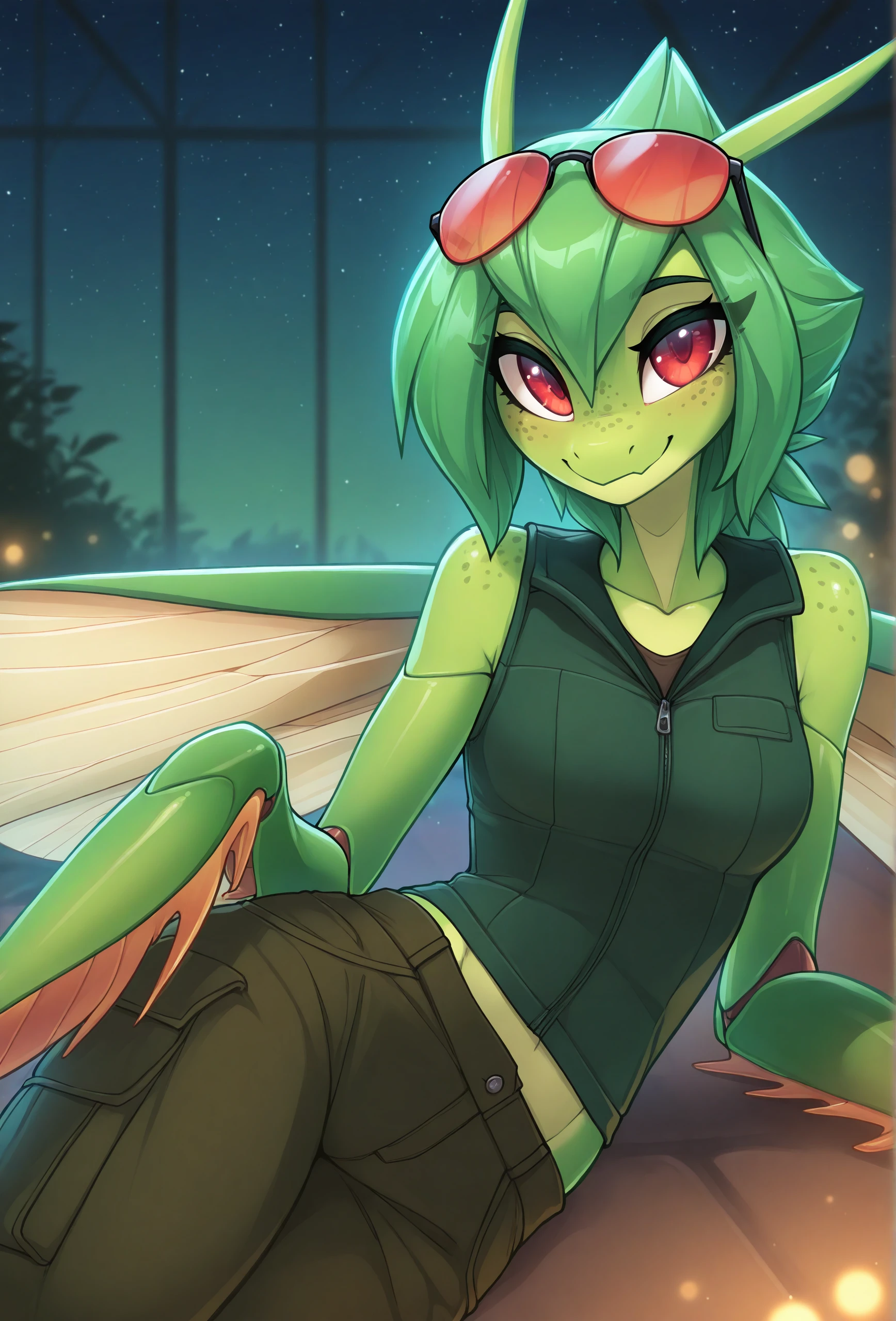 (masterpiece, best quality, very aesthetic, absurdres:1.2),  <lora:fluffkevlar_style_illustrious_v1.7:0.85>, fkstyle, 1girl, solo, furry, mantis, green skin, green hair, green theme, (green background:0.8), red eyes, red eyewear, eyewear on head, green vest, cargo pants, smile, looking at viewer, medium hair, greenhouse, night, starry sky, bokeh, light particles, freckles, insect wings, insect arms, arthropod limbs, arthropod girl, close-up, laying, mantis arms