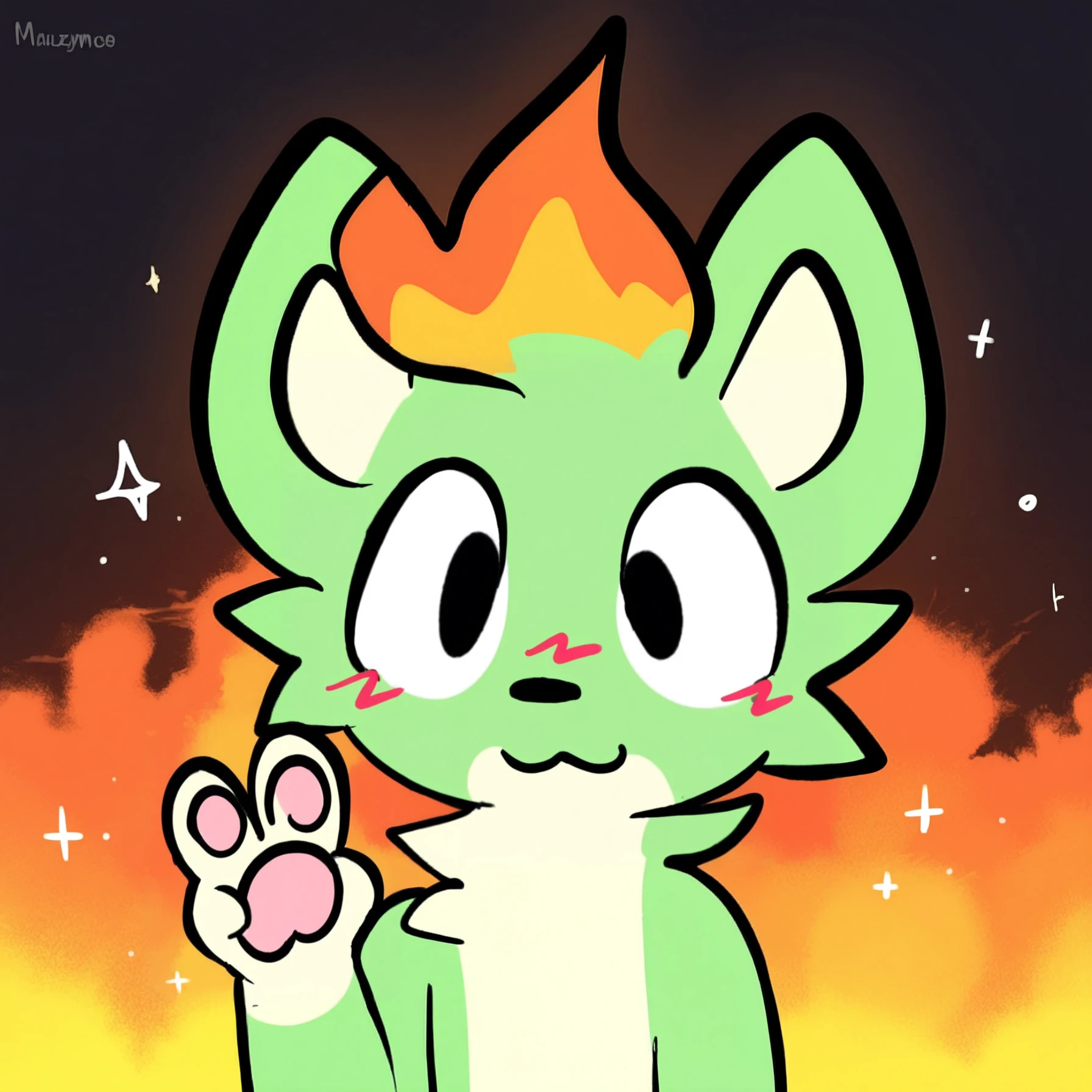 masterpiece, best quality, safe, furry female, solo, green fur, on fire, mythical, patterned fur, orange highlights, spotted fur, alternate, cute, droopy ears, cry, toony eyes, pawpads, thick outlines, red blush, blush lines, v_sign, facing viewer, portrait, profile picture, flat colors, (art by mauzymice), iridescent paint splatter background, orange clouds, sparkles, <segment:yolo-Vagina.pt,0.5,0.4//cid=1><segment:yolo-Face.pt,0.5,0.4//cid=2>