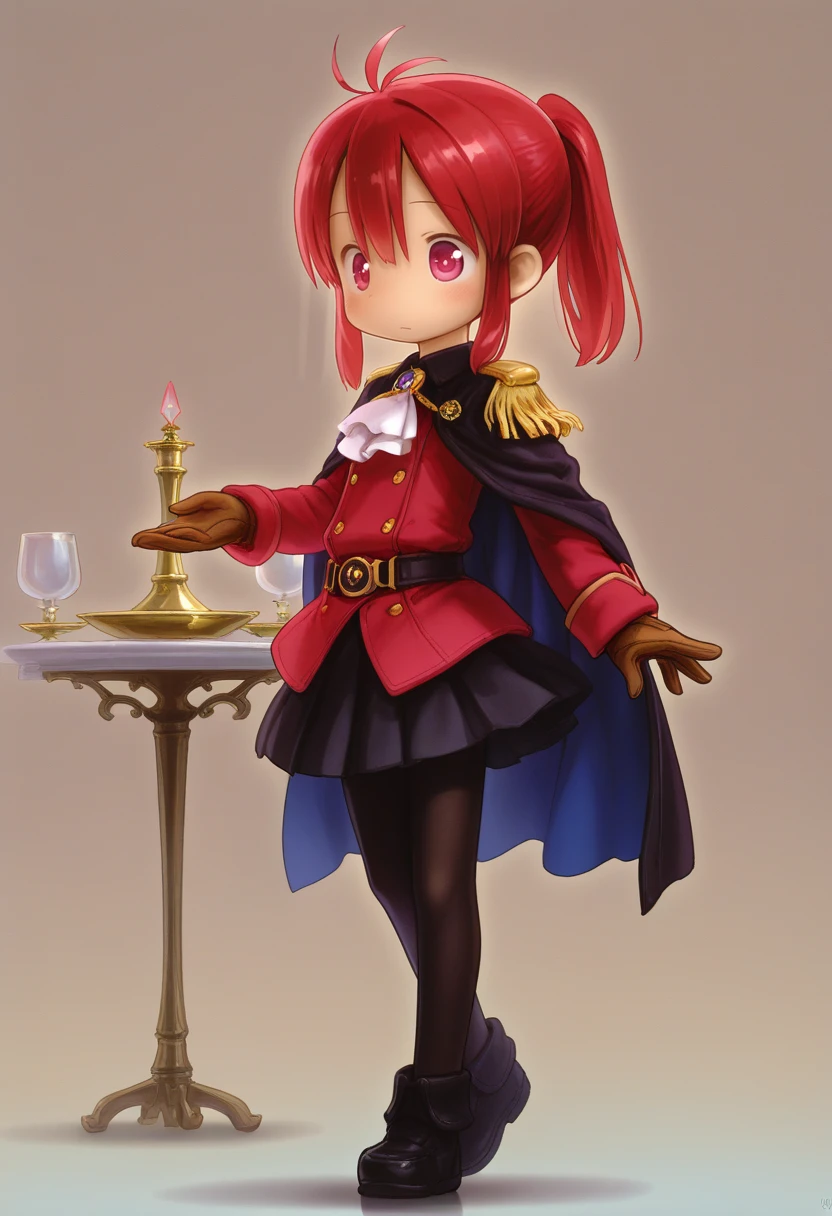 masterpiece, best quality, amazing quality, very aesthetic, absurdres, 1girl, solo, 
<lora:akihito2rep:0.9> tsukushi akihito, red mage, red jacket, white ascot, belt, black skirt, pleated skirt, black pantyhose, black footwear, brown gloves, blue cape, black cape, black epaulette, Elegant Dining Room with Crystal Chandelier and Formal Table Setting,  pink  eyes,  ,  red  hair, medium hair,  ,  ponytail,