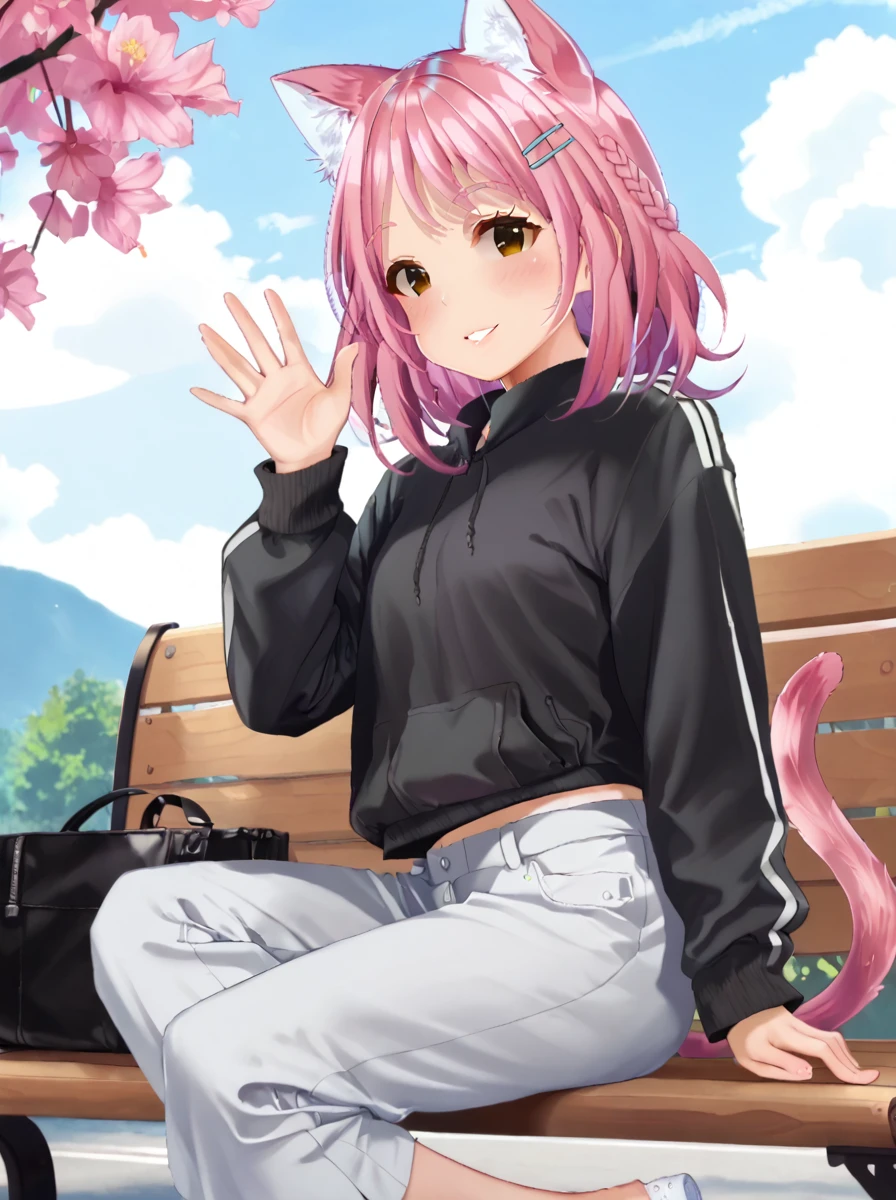 detailed background, posing, rating safe,
<lora:nekowaifu.pony:1>,
nekowaifu, sara, 
casual fashion, 
street,  bench, sit, looking at viewer, parted lips, smile, waving, from side,