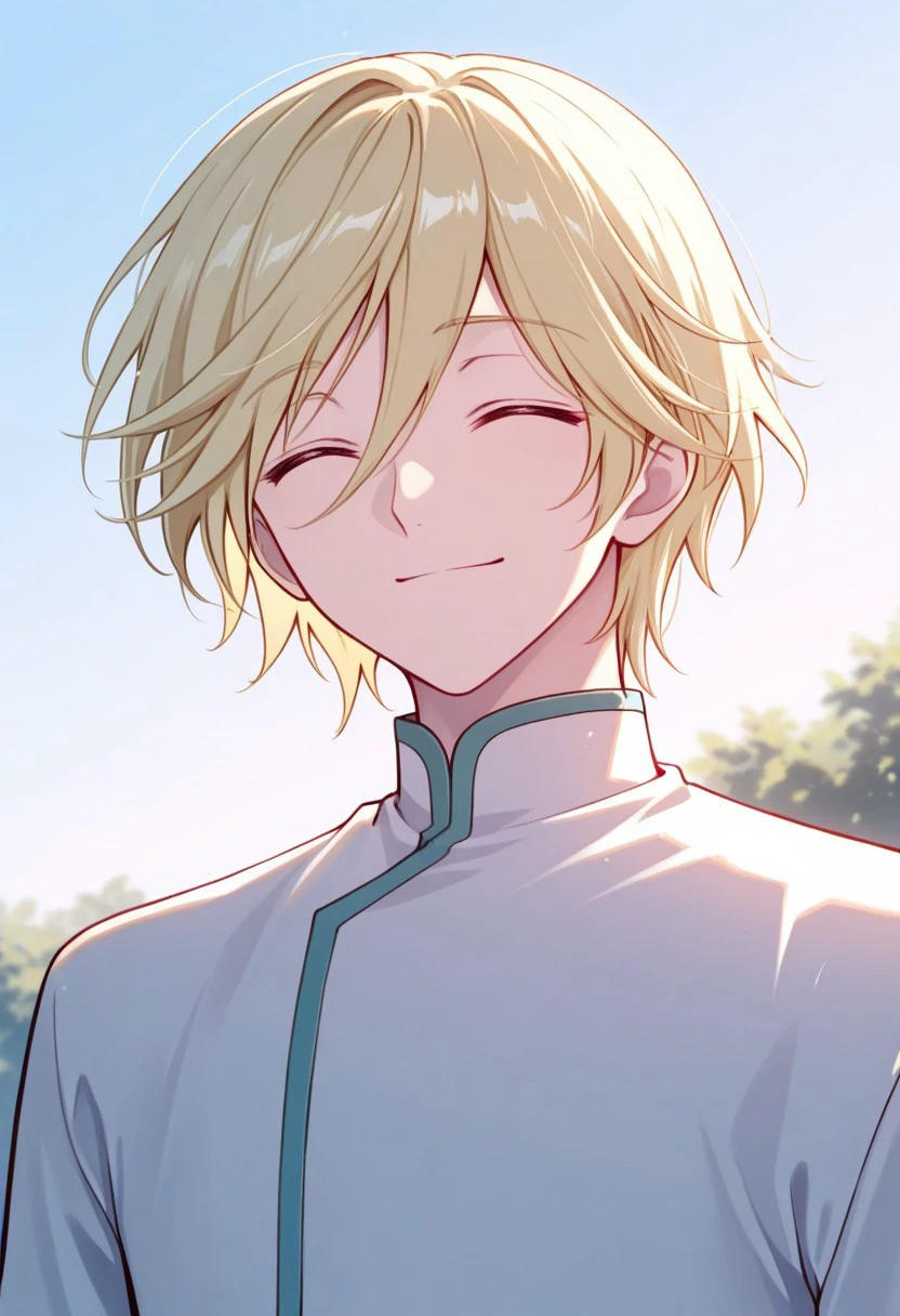 masterpiece, best quality,
fayd, 1boy, solo, male focus, closed eyes, blonde hair, shirt, white shirt, long sleeves, smile, portrait
outdoor,