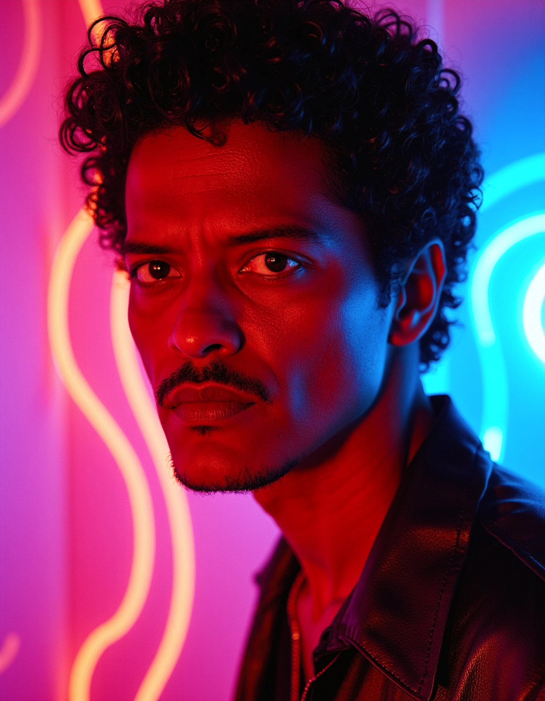 Black light art ,with black background,Carl Bacchus' style, Full body portrait of person sitting in living room