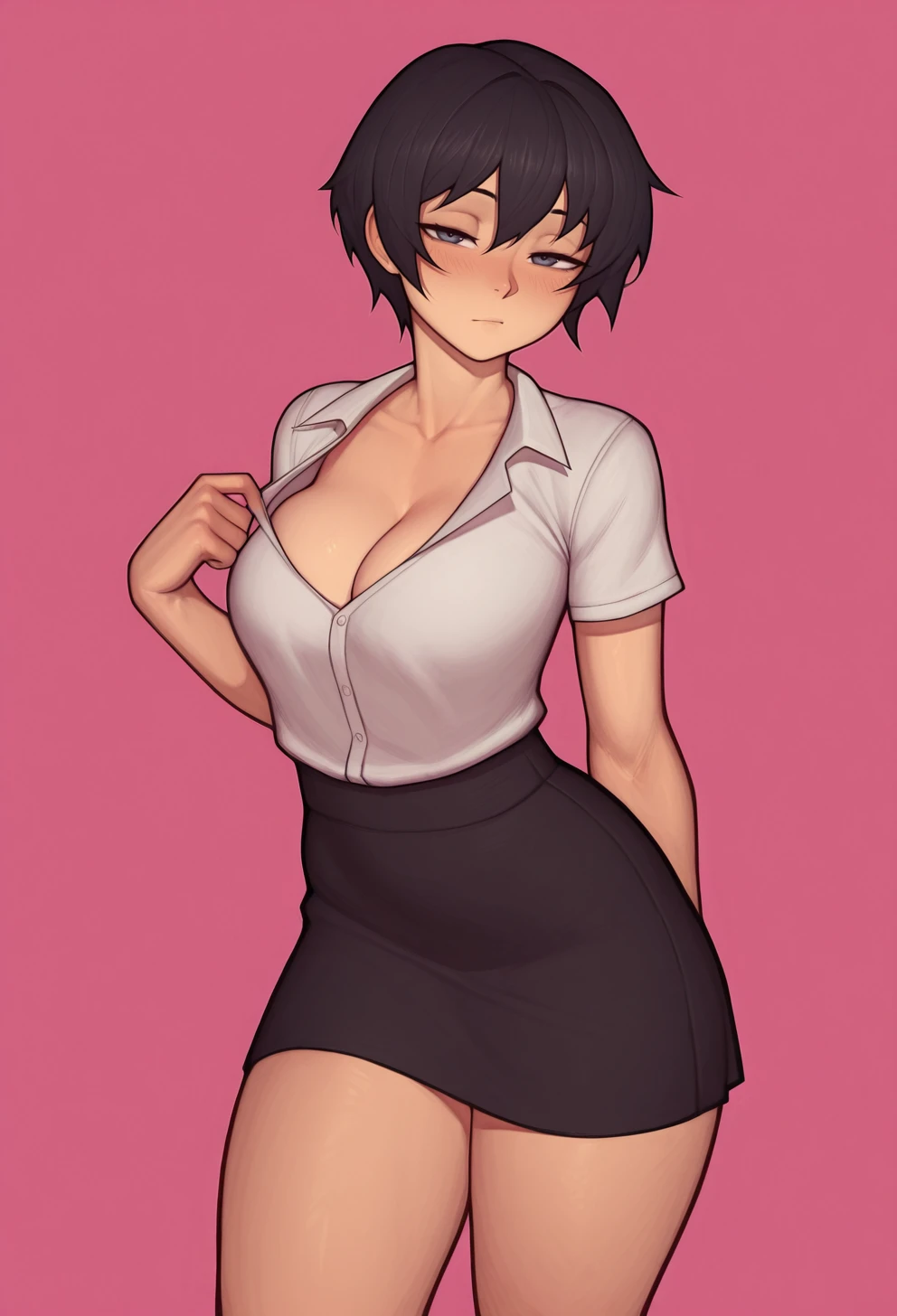 masterpiece, best quality,
<lora:Asura:1> 4s0r4, 1girl, solo,standing,looking at viewer, half-closed eyes, blush,black hair, short hair,white shirt, short sleeves, cleavage,black skirt,pink background, simple background,