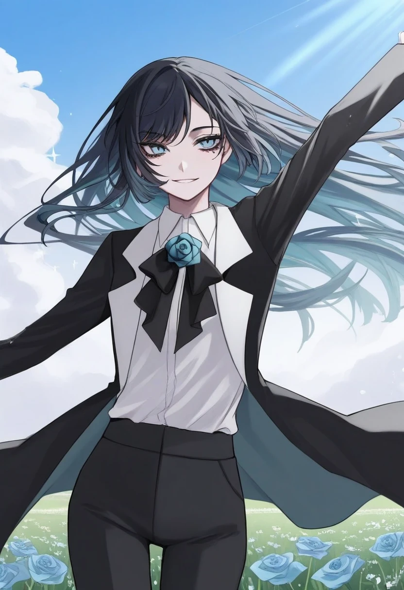 1girl, solo, chando, long hair, flower brooch, blue eyes, mole under eye, blue hair, multicolored hair, blue flower, blue rose, white shirt, collared shirt, black coat, black bowtie, black pants,
spinning, arms outstretched, happy expression, wind blowing hair, open meadow, blue sky, clouds, sunlight, sparkles in air, carefree atmosphere
, <lora:Character_Ado - Chando:0.8>